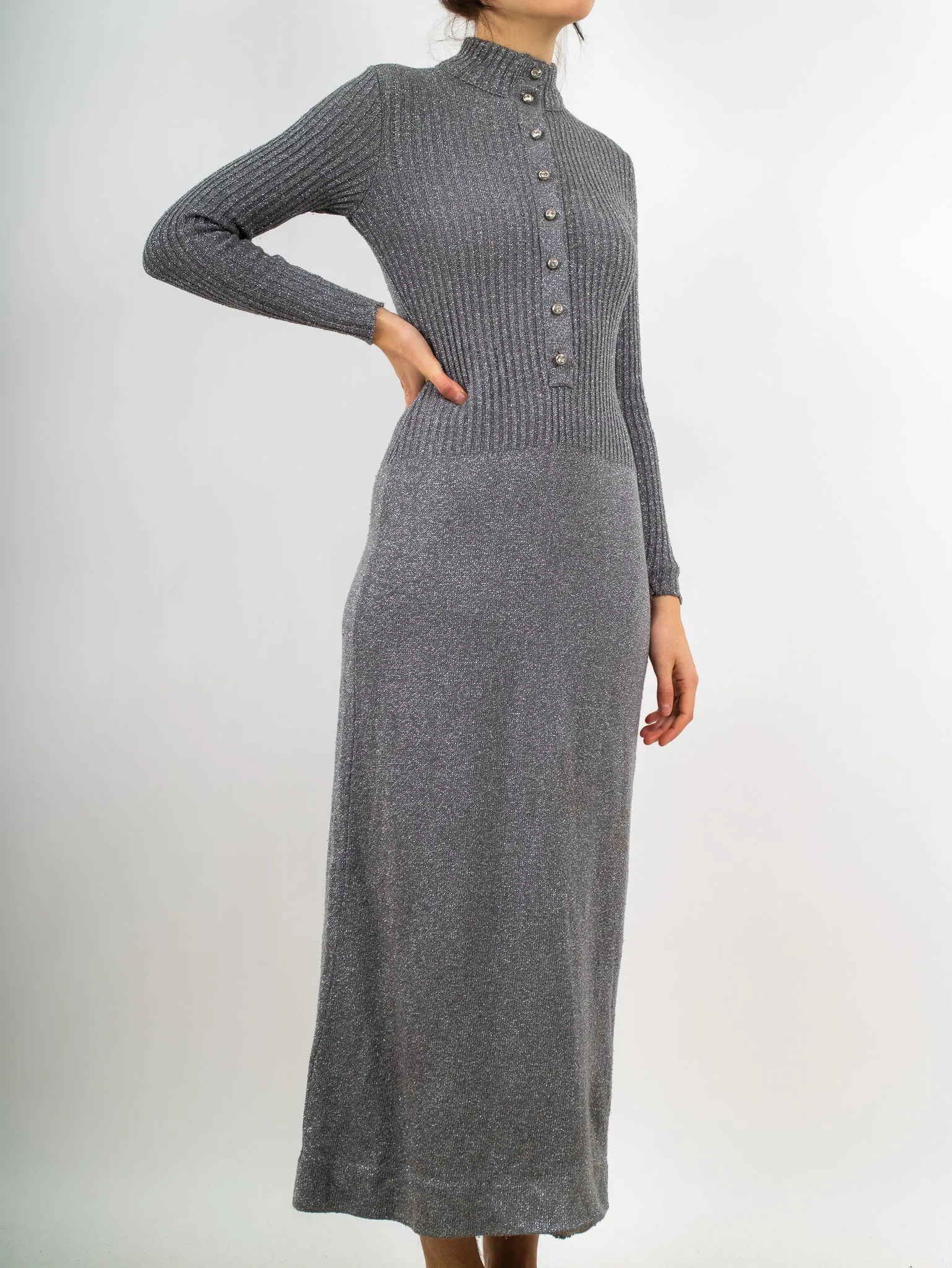 1970s Shirtwaist Silver Tinsel Knit Maxi Dress by Brenner Bees