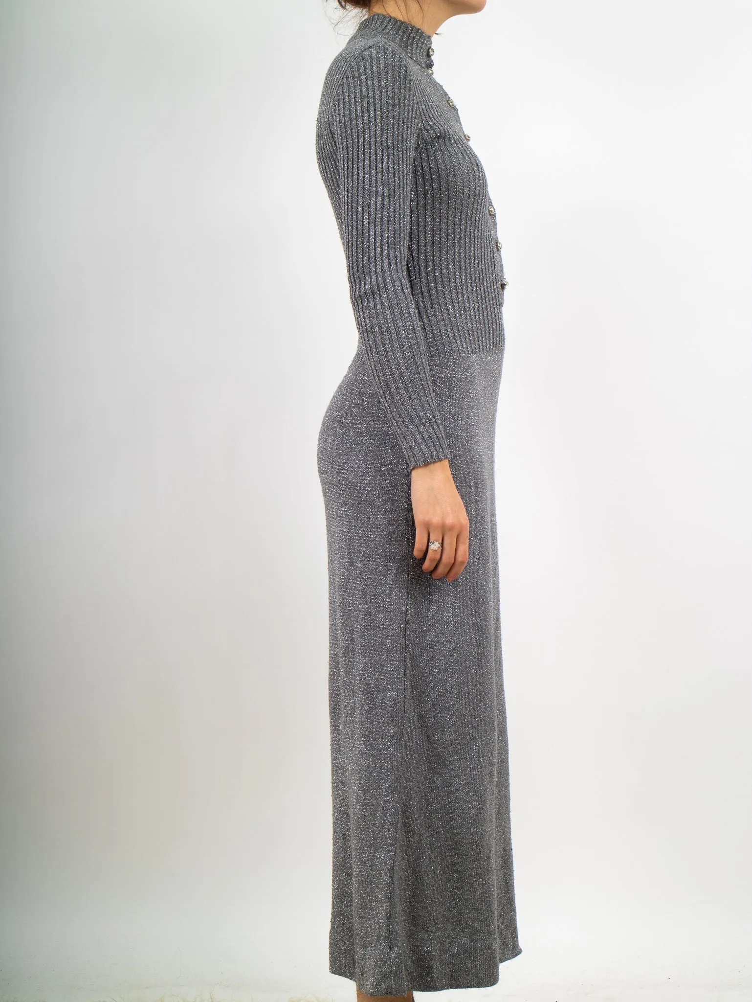 1970s Shirtwaist Silver Tinsel Knit Maxi Dress by Brenner Bees