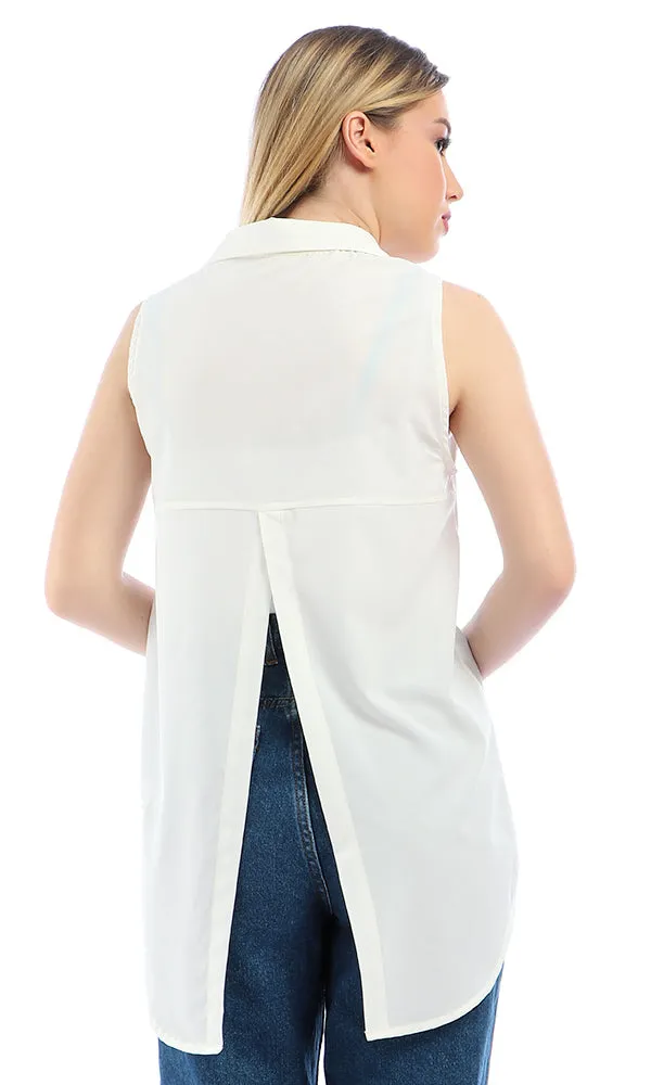 53359 Sleeveless Buttoned White Shirt With Front Pockets