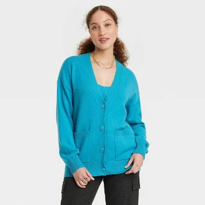 A New Day Women's Button Down Boyfriend Cardigan V-Neck Casual Fit Patch Pockets