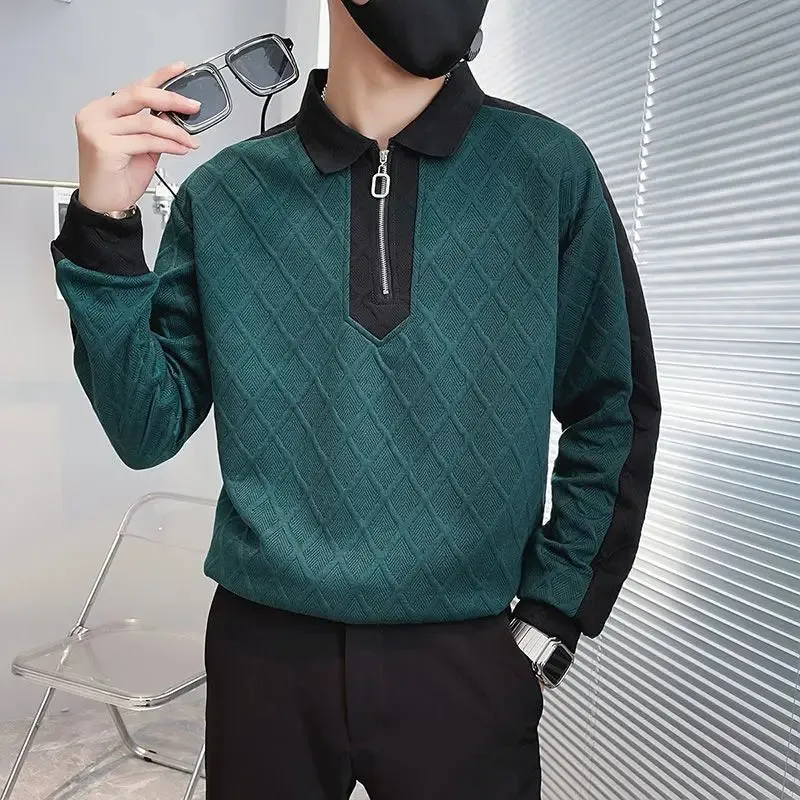 Aidase Autumn and Winter Men's Fashion Loose Colored Half Zip Sweater Long Sleeve Polo Neck Casual Comfortable Versatile Top