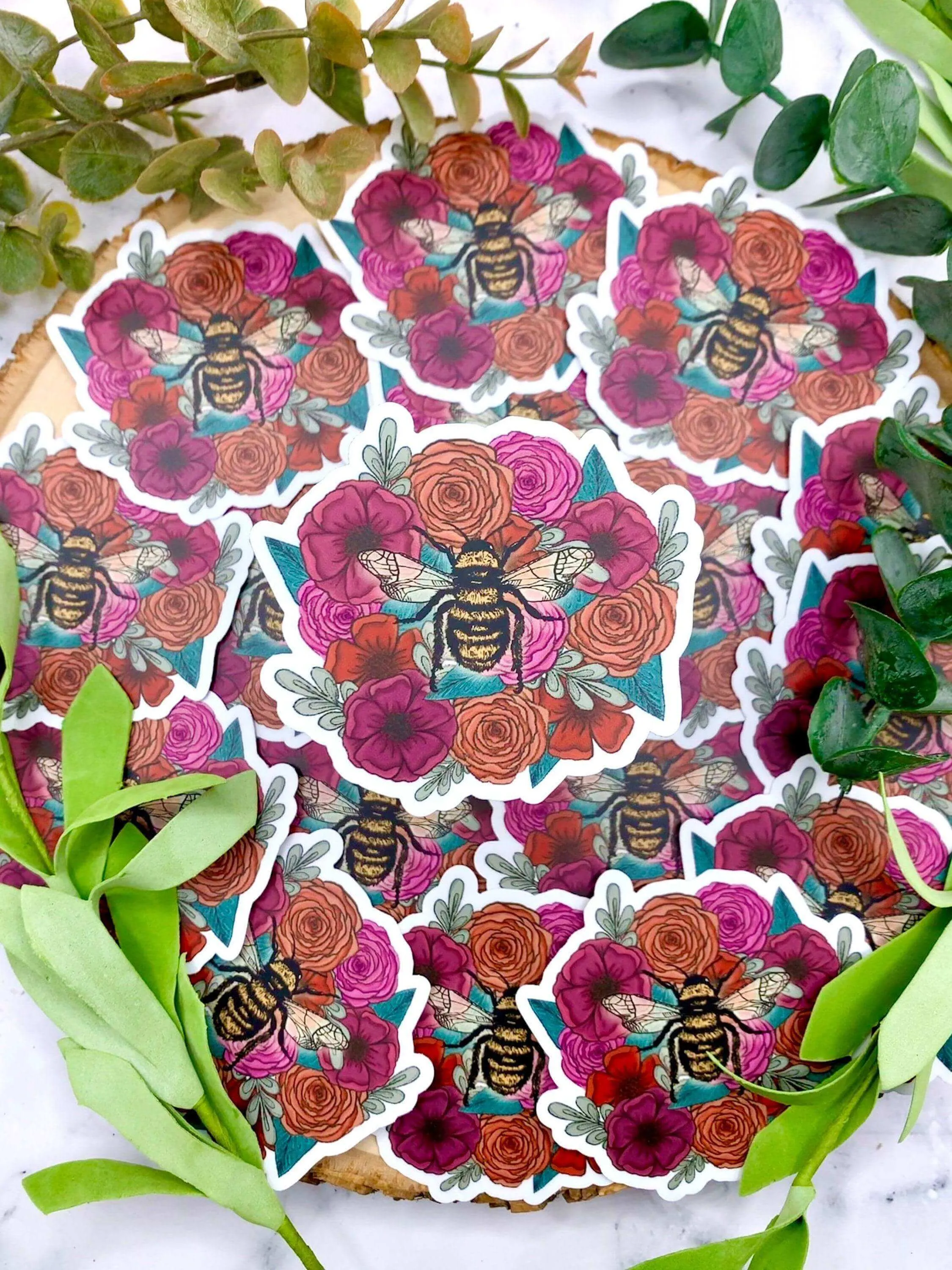 Bee on Flowers Vinyl Sticker