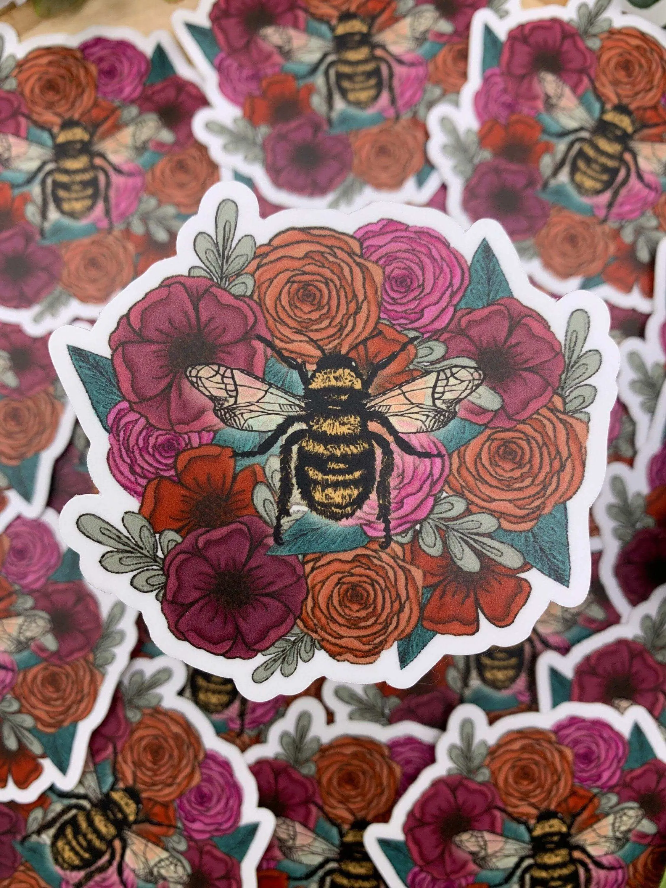 Bee on Flowers Vinyl Sticker