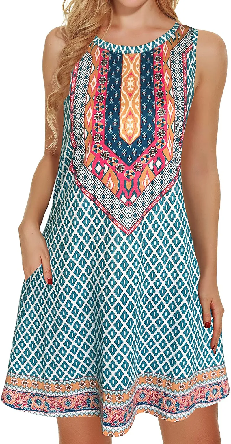 Boho Dresses for Women Summer Beach Sleeveless Vintage Floral Flowy Pocket Tshirt Tank Sundresses