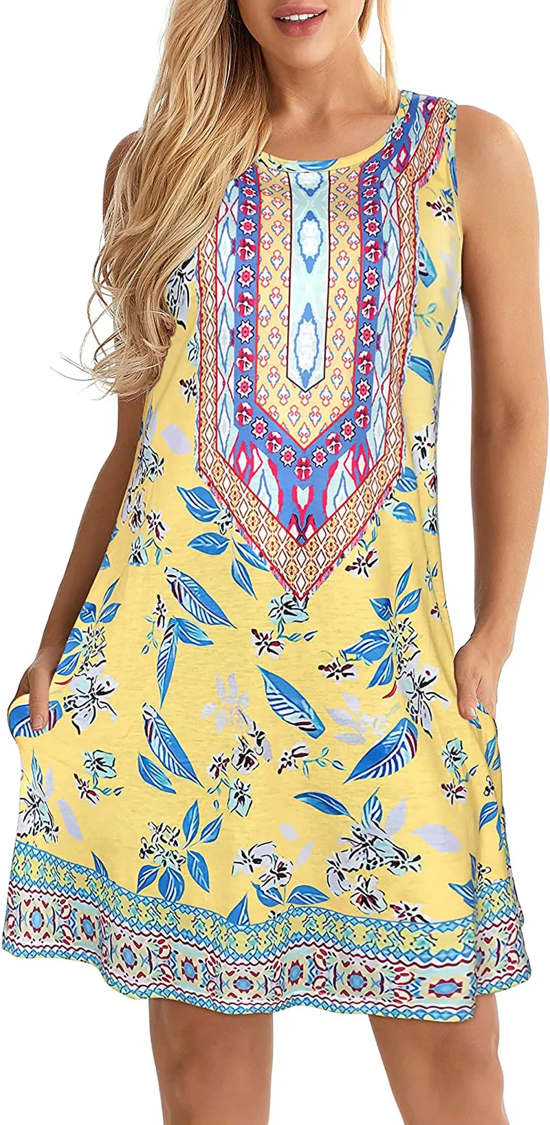 Boho Dresses for Women Summer Beach Sleeveless Vintage Floral Flowy Pocket Tshirt Tank Sundresses