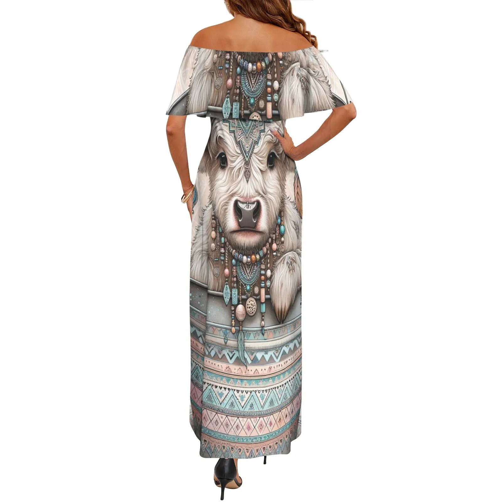 Boho Highland cow awd704 Women's Off Shoulder Ruffle Boat Neck Dress (Model D71)