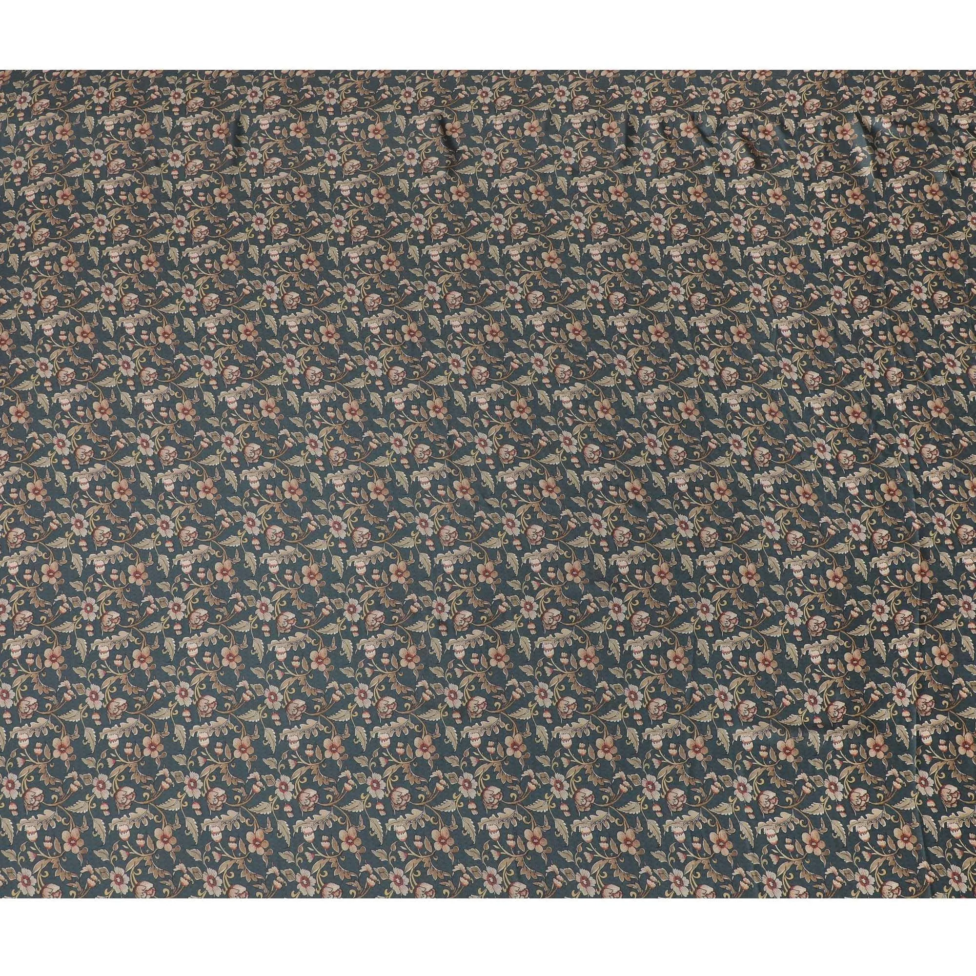 Bottle green synthetic modal satin fabric with pale brown and brick red print in floral design-D15009