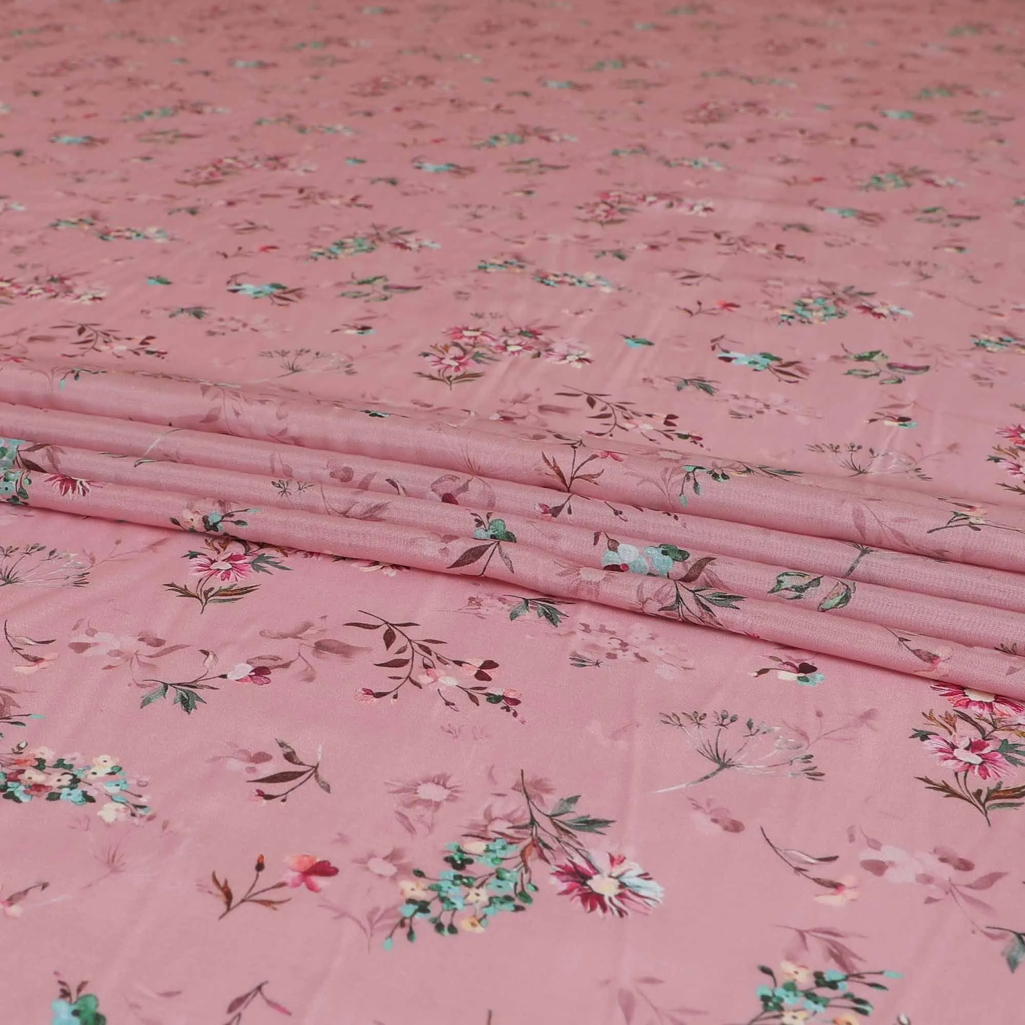 Brick Pink synthetic modal satin fabric with multicolor print in floral design-D9108