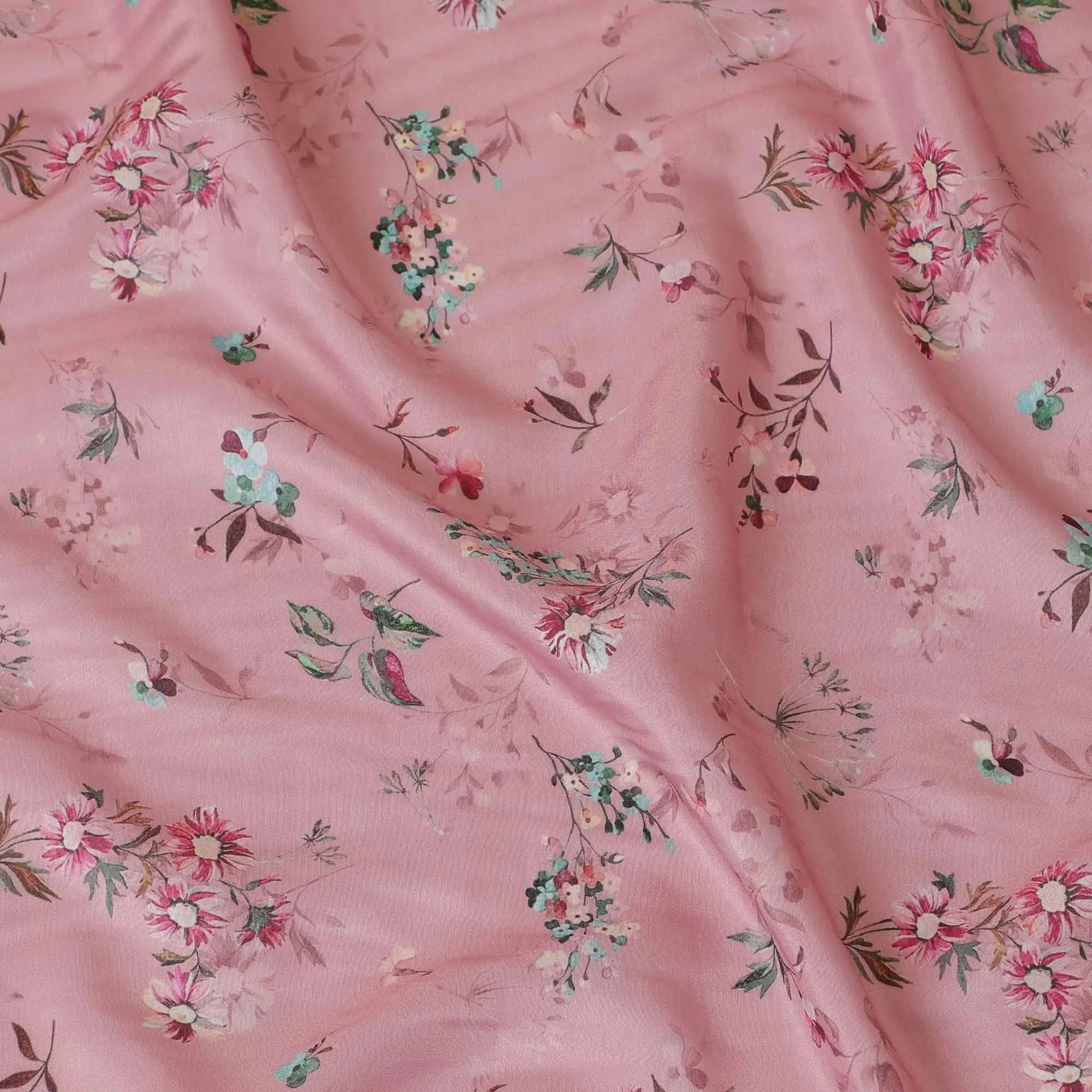 Brick Pink synthetic modal satin fabric with multicolor print in floral design-D9108