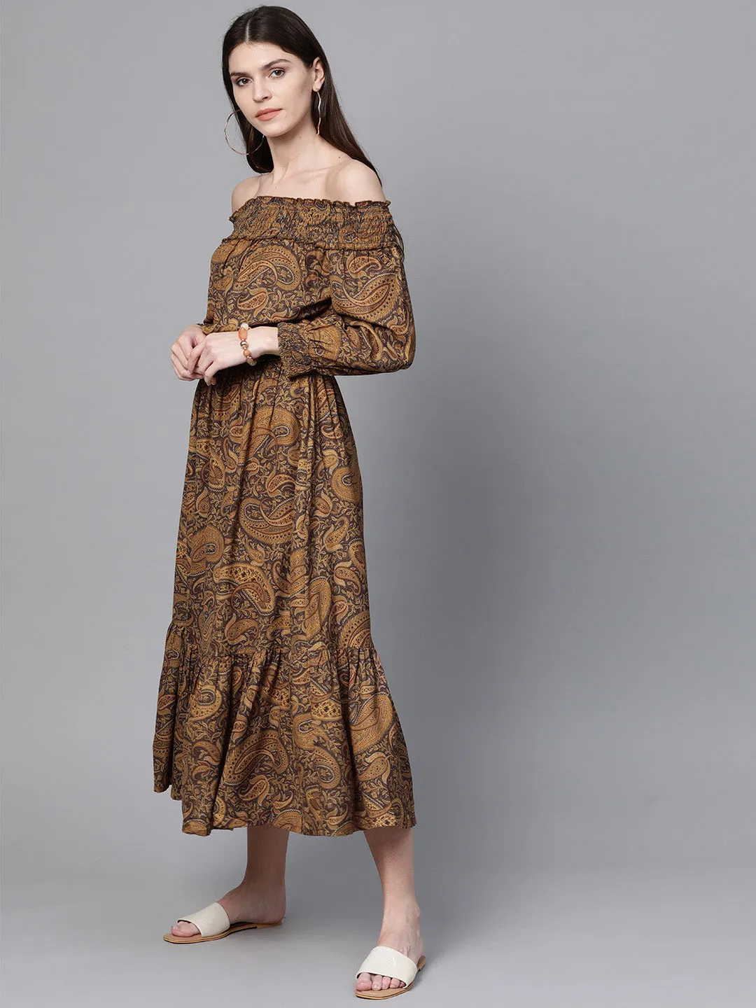 Brown Paisley Smocked Bardot Midi Dress