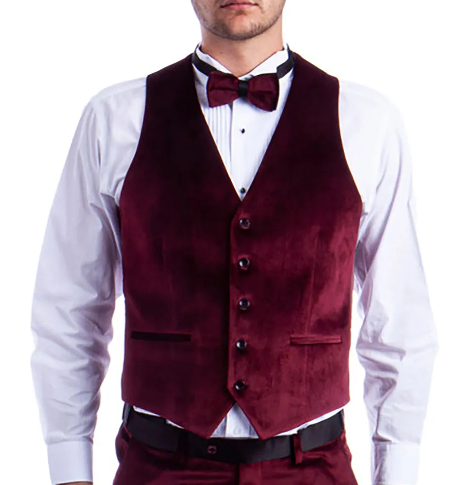 Burgundy Velvet Suit Vest and Bow Tie Set