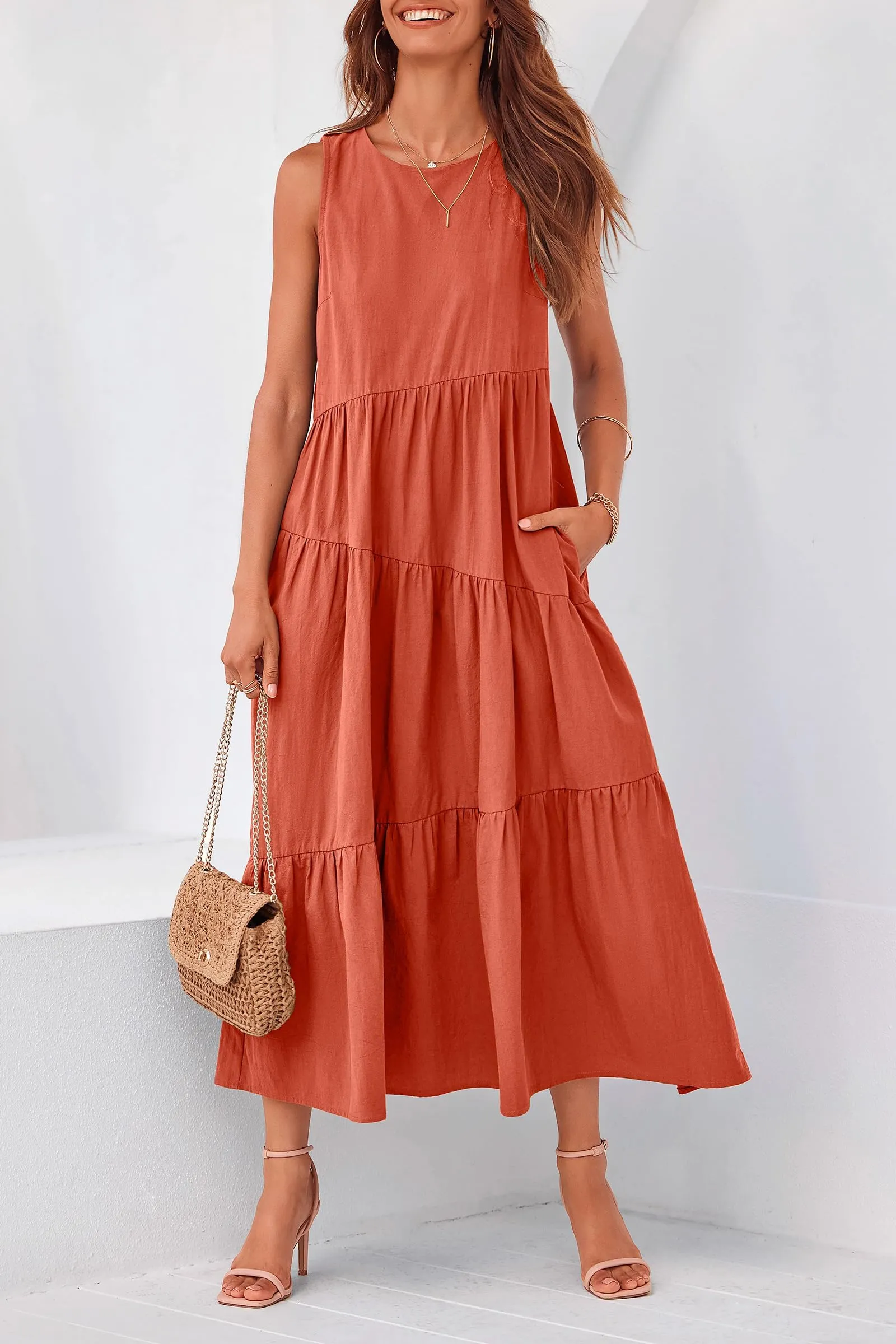 Casual Summer Sleeveless Long Flowy Tiered Midi Dress With Pockets