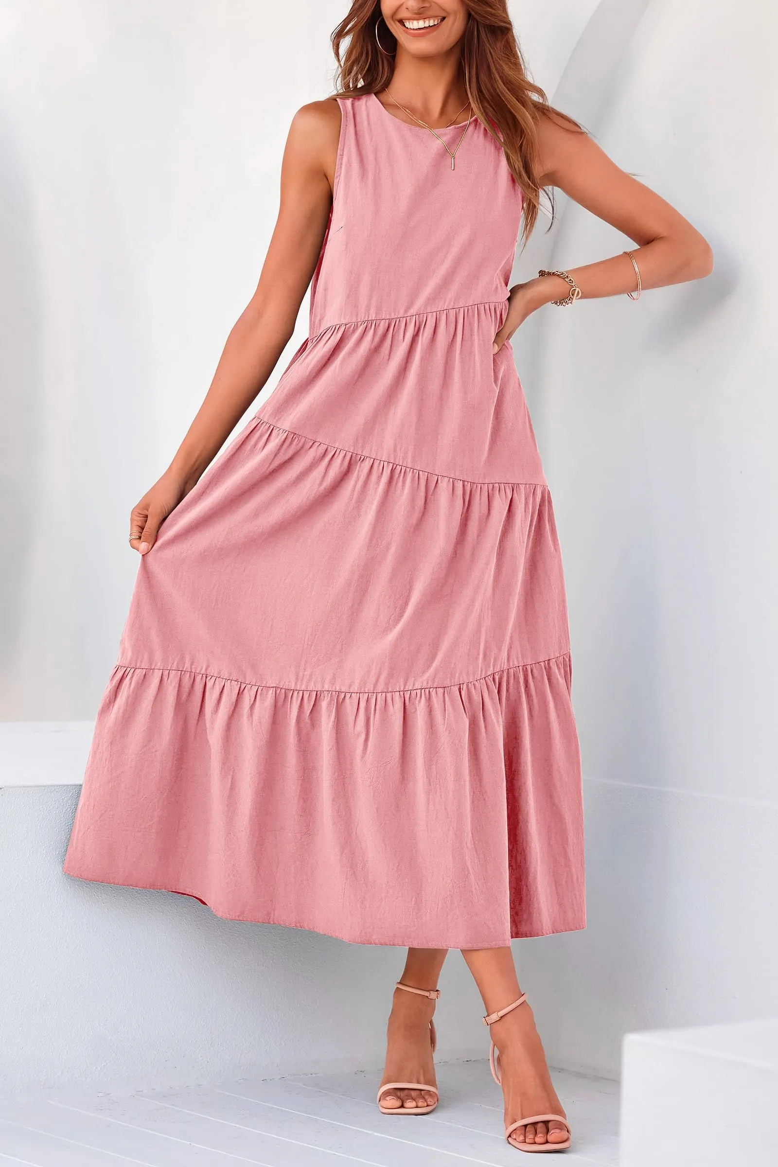 Casual Summer Sleeveless Long Flowy Tiered Midi Dress With Pockets