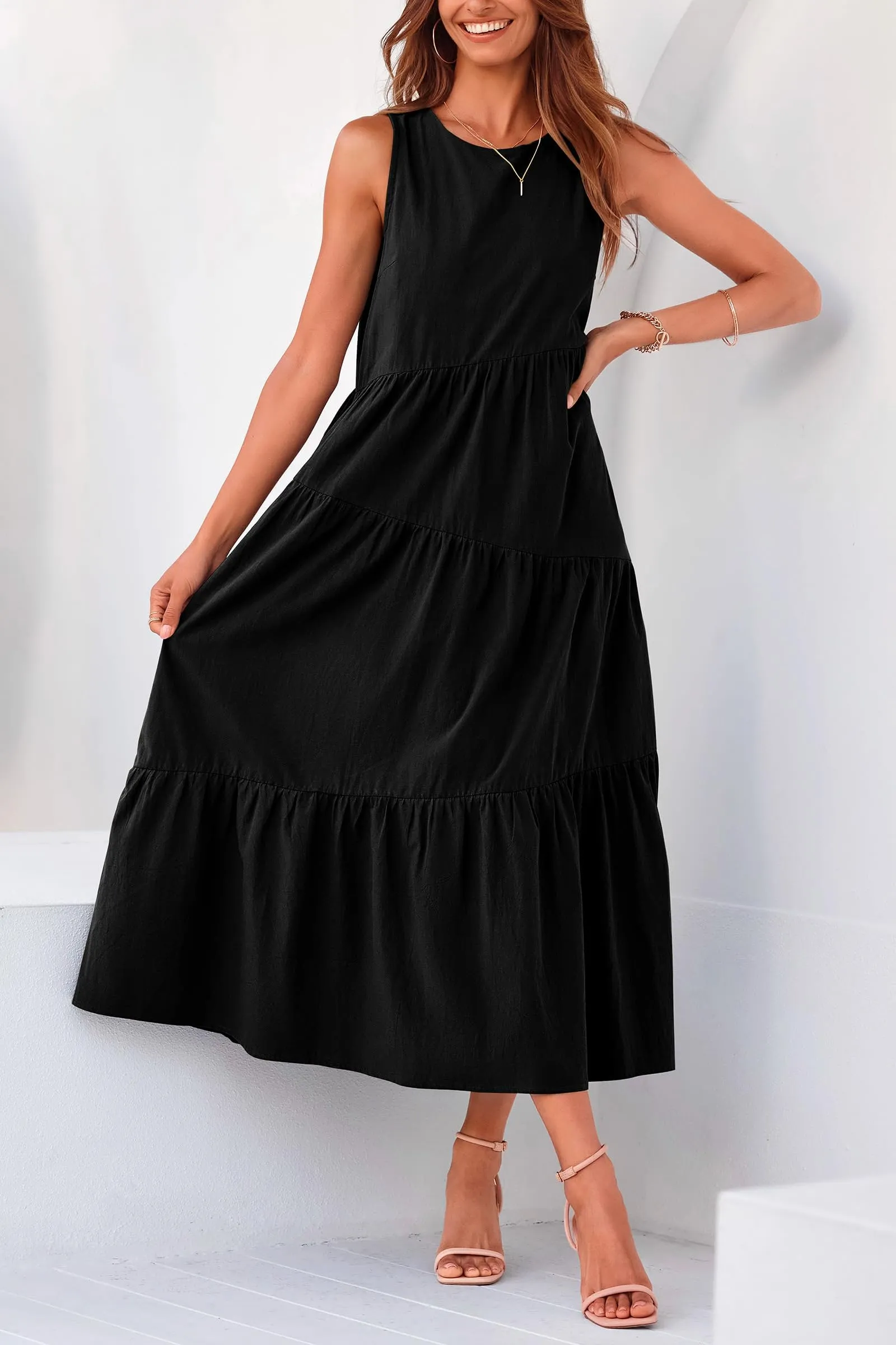 Casual Summer Sleeveless Long Flowy Tiered Midi Dress With Pockets