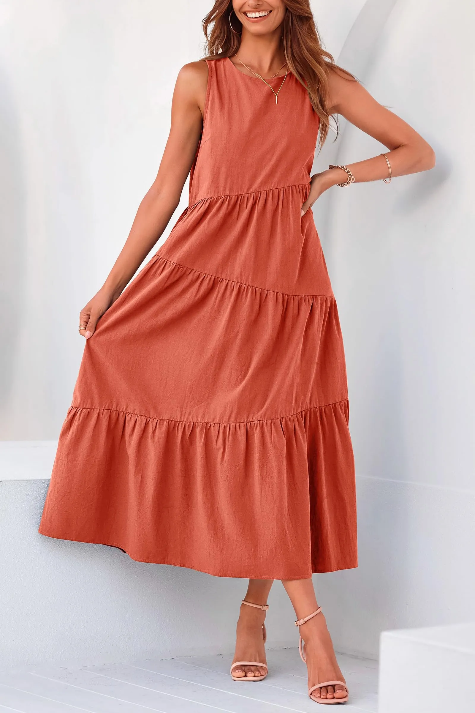 Casual Summer Sleeveless Long Flowy Tiered Midi Dress With Pockets