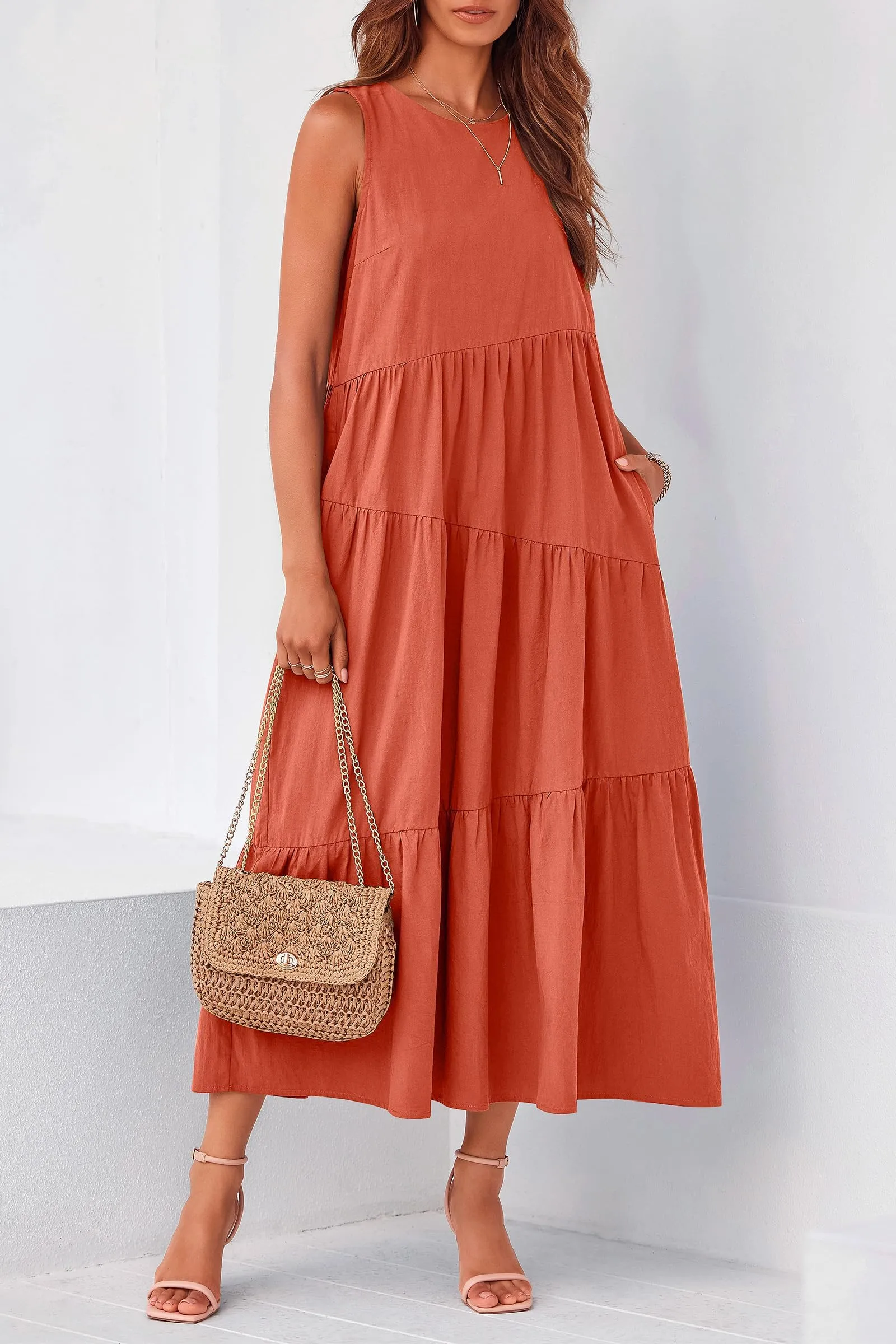 Casual Summer Sleeveless Long Flowy Tiered Midi Dress With Pockets