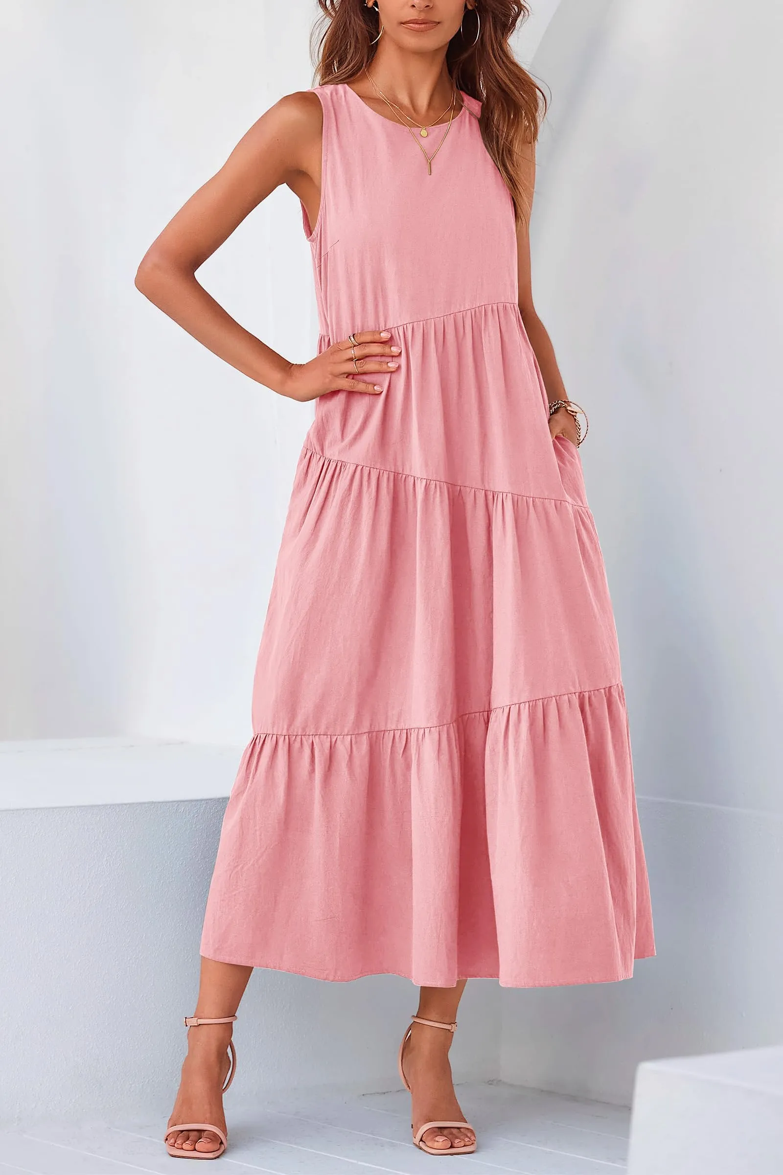 Casual Summer Sleeveless Long Flowy Tiered Midi Dress With Pockets