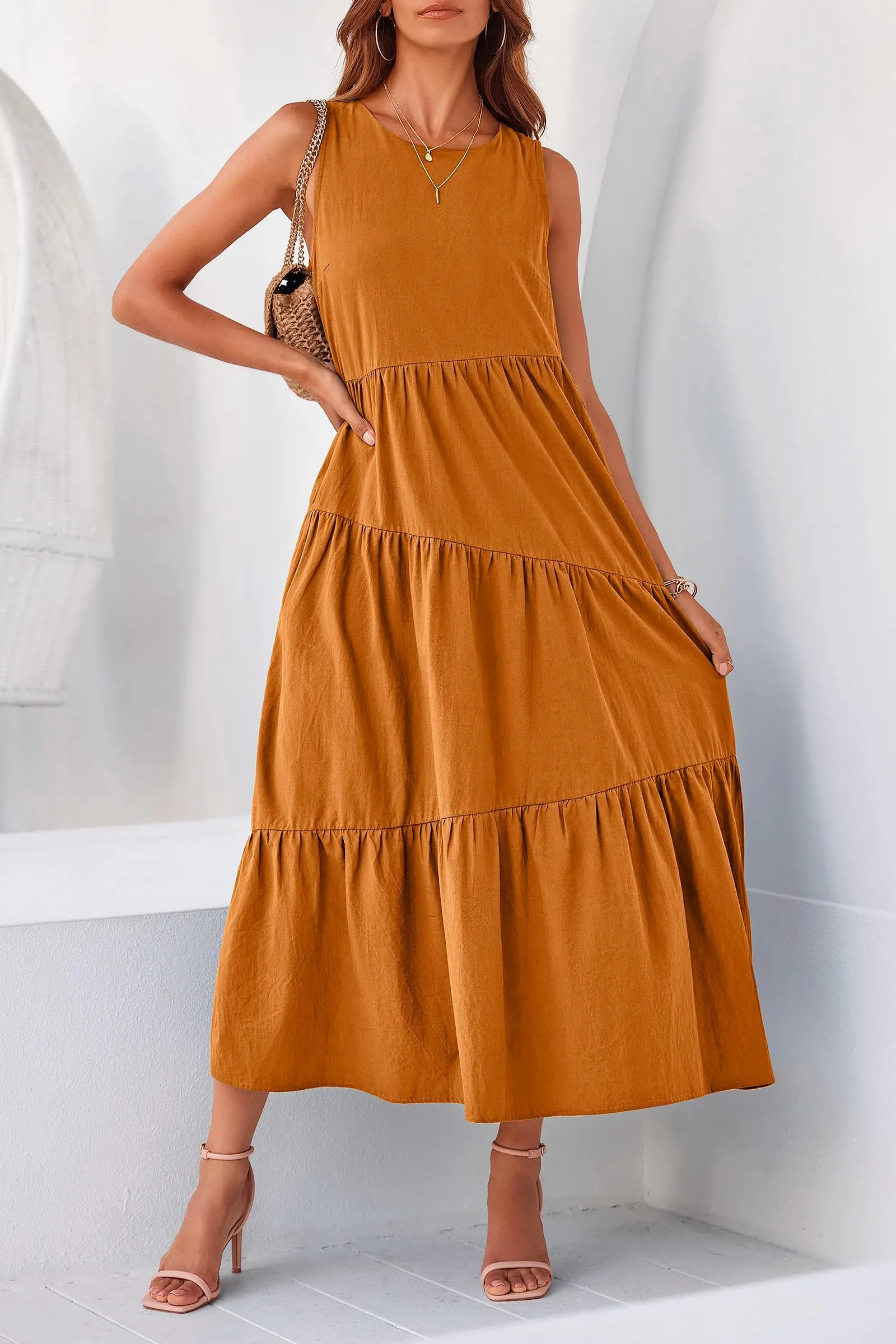 Casual Summer Sleeveless Long Flowy Tiered Midi Dress With Pockets