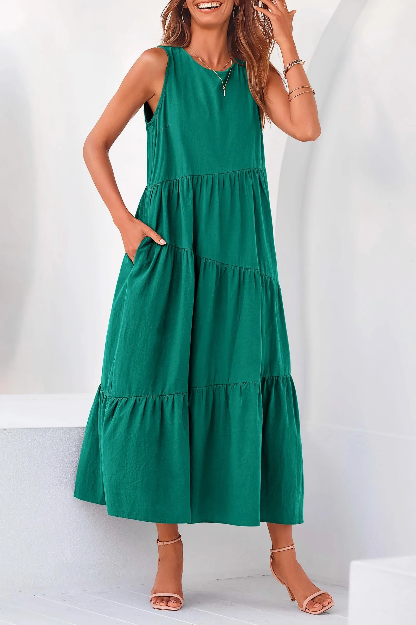 Casual Summer Sleeveless Long Flowy Tiered Midi Dress With Pockets