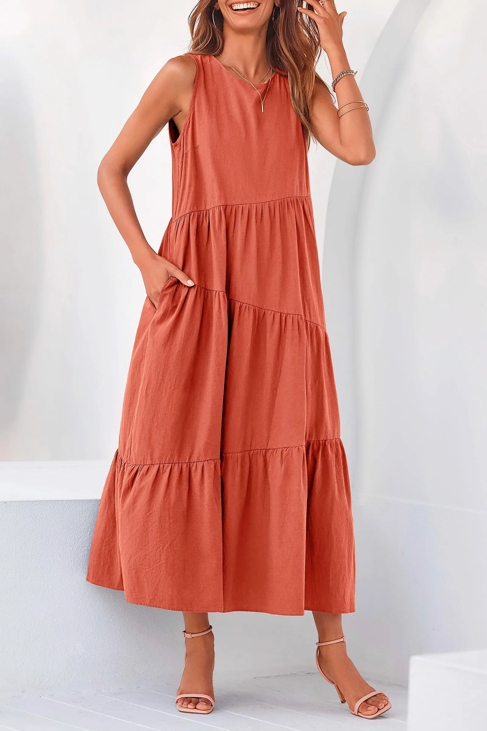 Casual Summer Sleeveless Long Flowy Tiered Midi Dress With Pockets