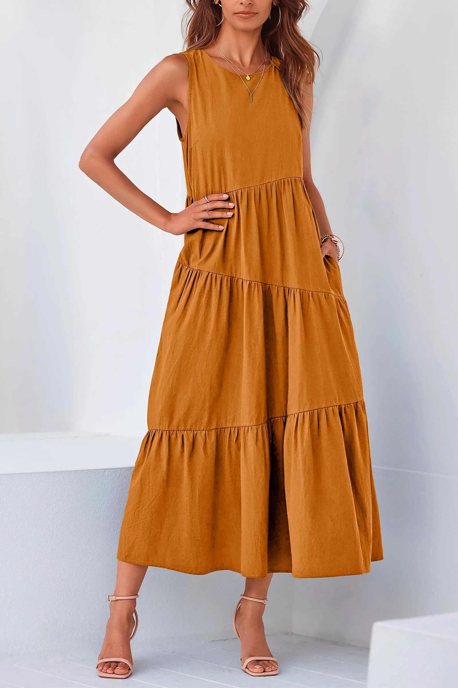 Casual Summer Sleeveless Long Flowy Tiered Midi Dress With Pockets