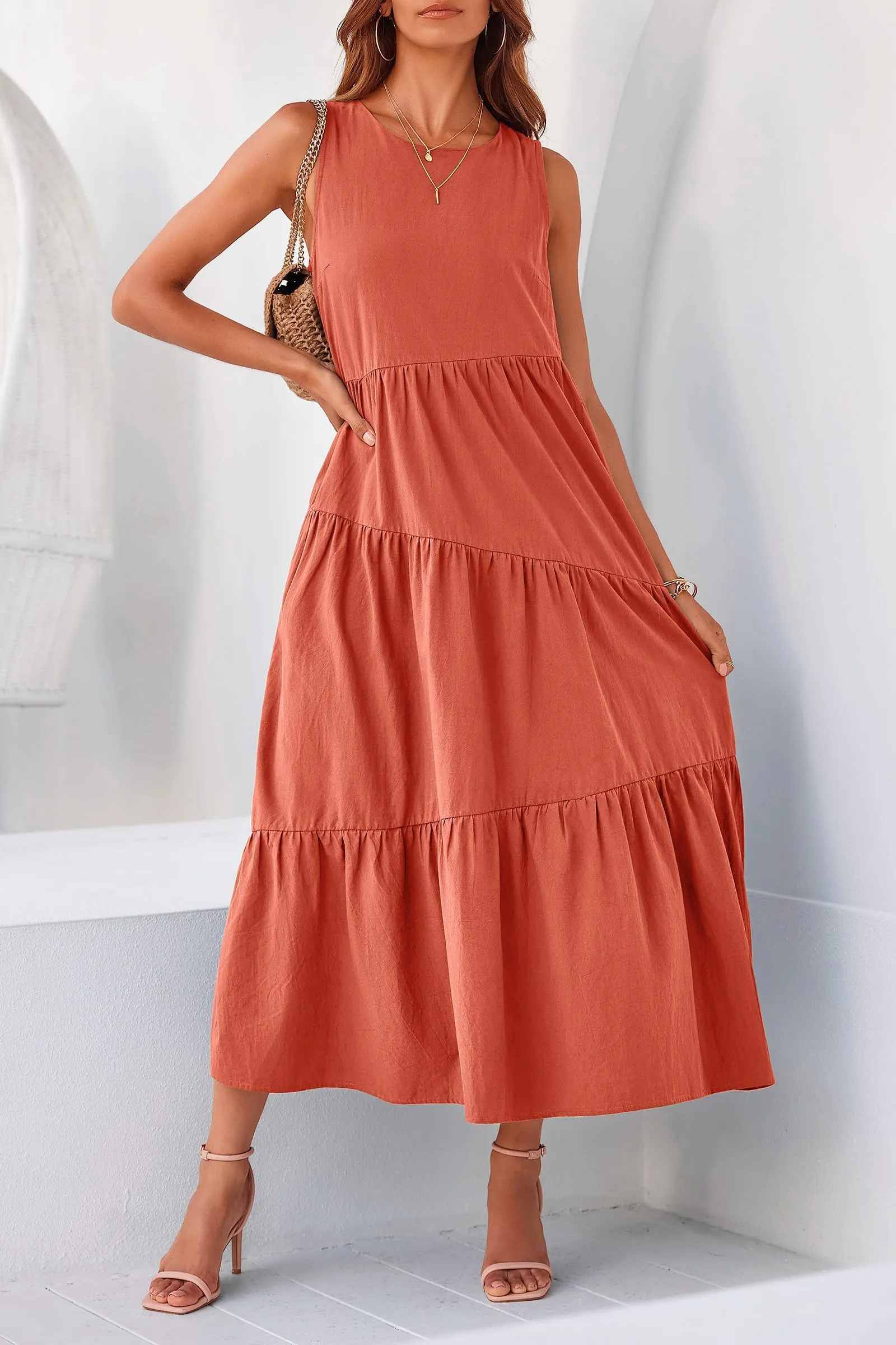 Casual Summer Sleeveless Long Flowy Tiered Midi Dress With Pockets