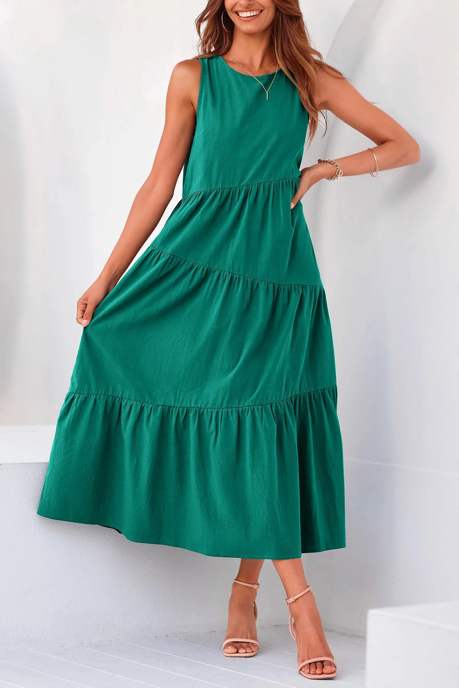 Casual Summer Sleeveless Long Flowy Tiered Midi Dress With Pockets