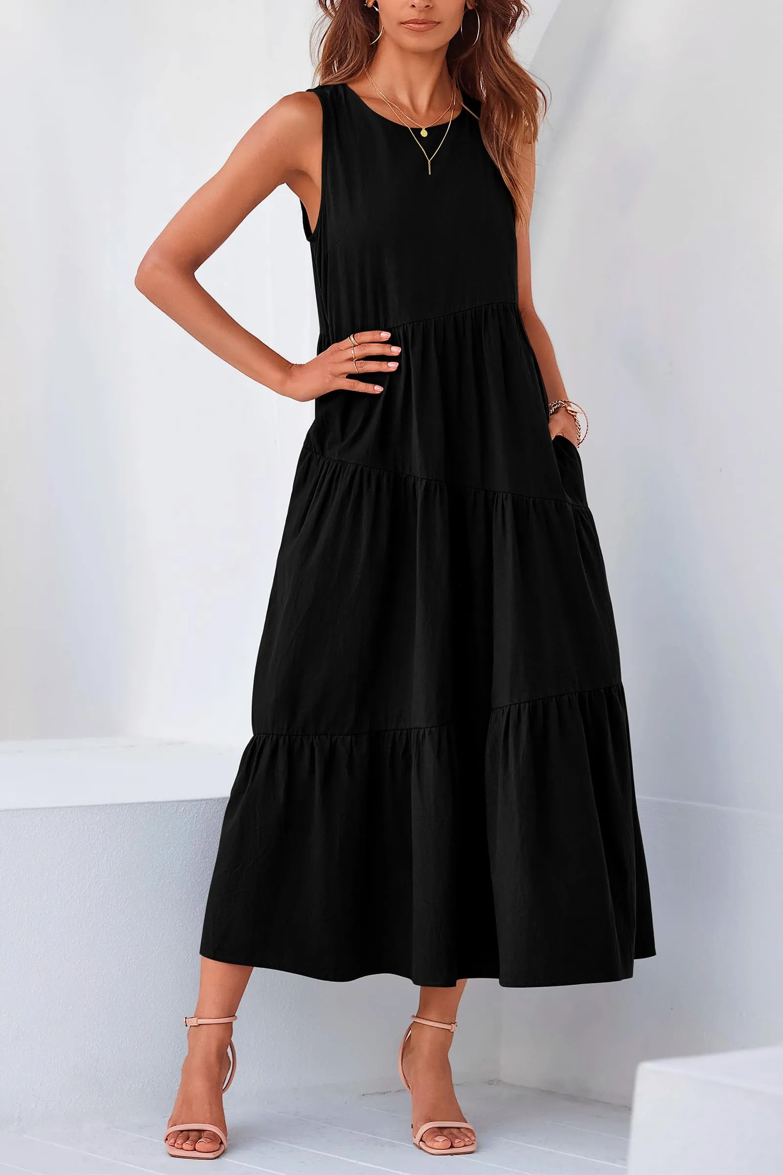 Casual Summer Sleeveless Long Flowy Tiered Midi Dress With Pockets