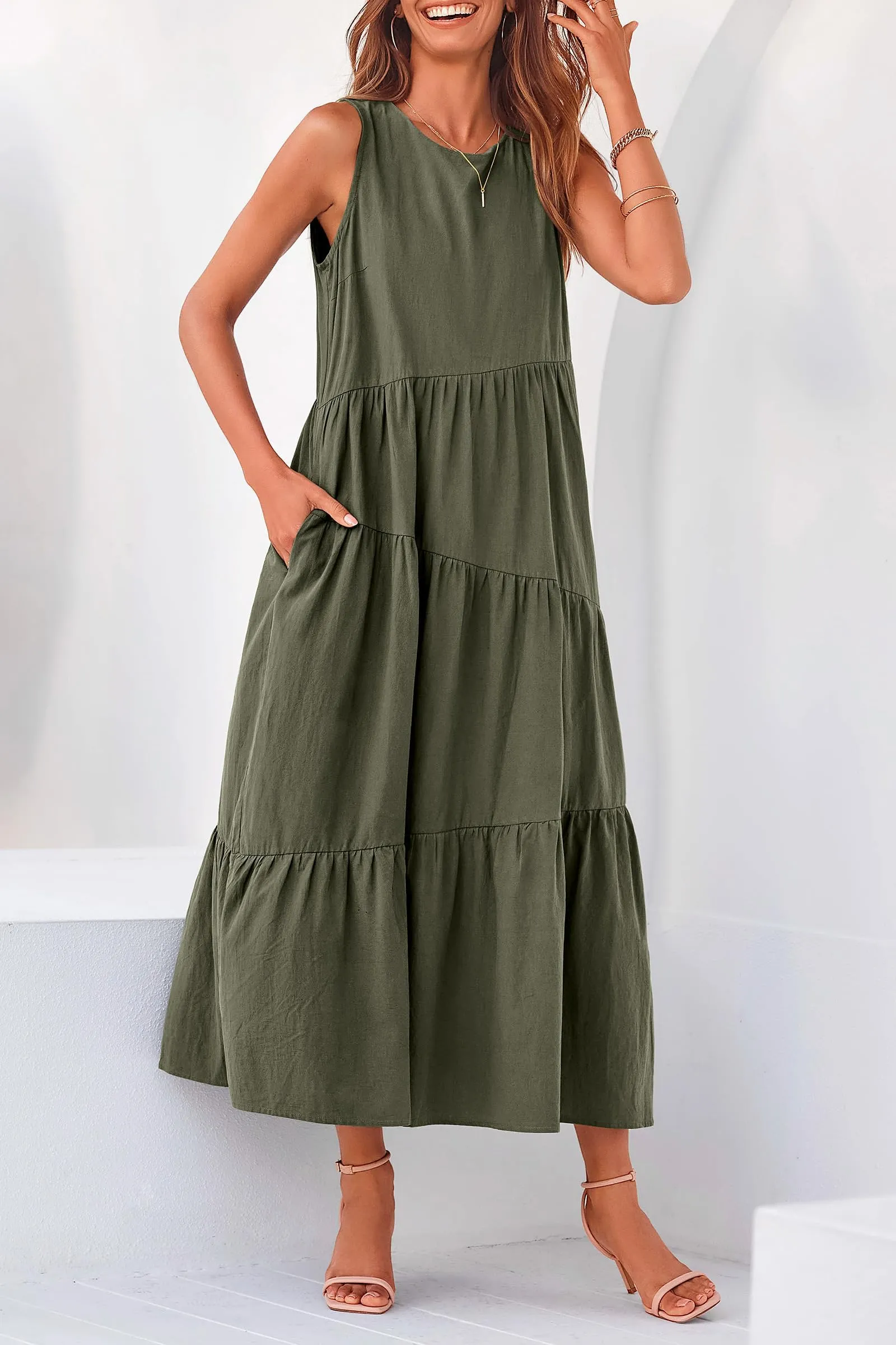 Casual Summer Sleeveless Long Flowy Tiered Midi Dress With Pockets