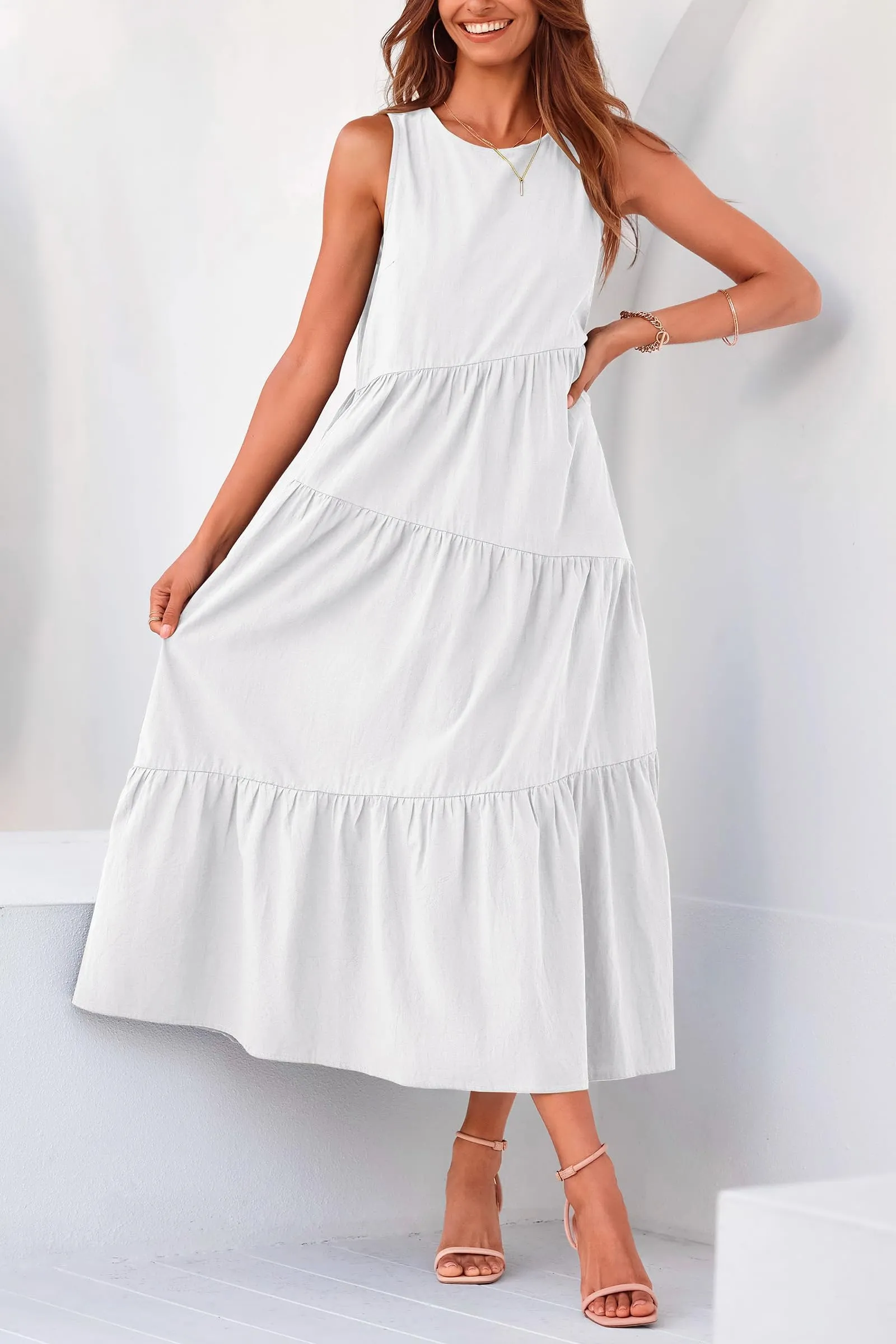 Casual Summer Sleeveless Long Flowy Tiered Midi Dress With Pockets