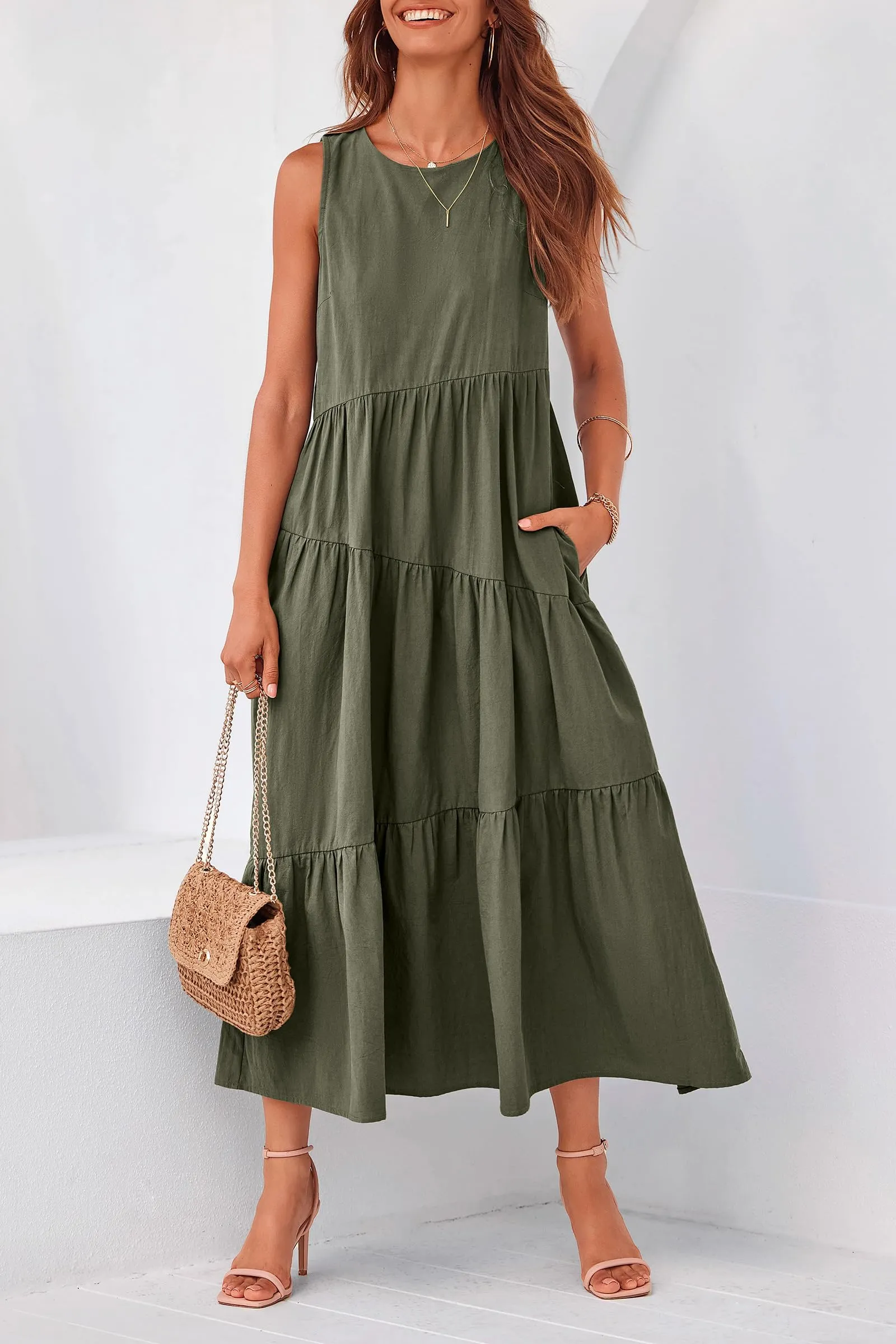 Casual Summer Sleeveless Long Flowy Tiered Midi Dress With Pockets