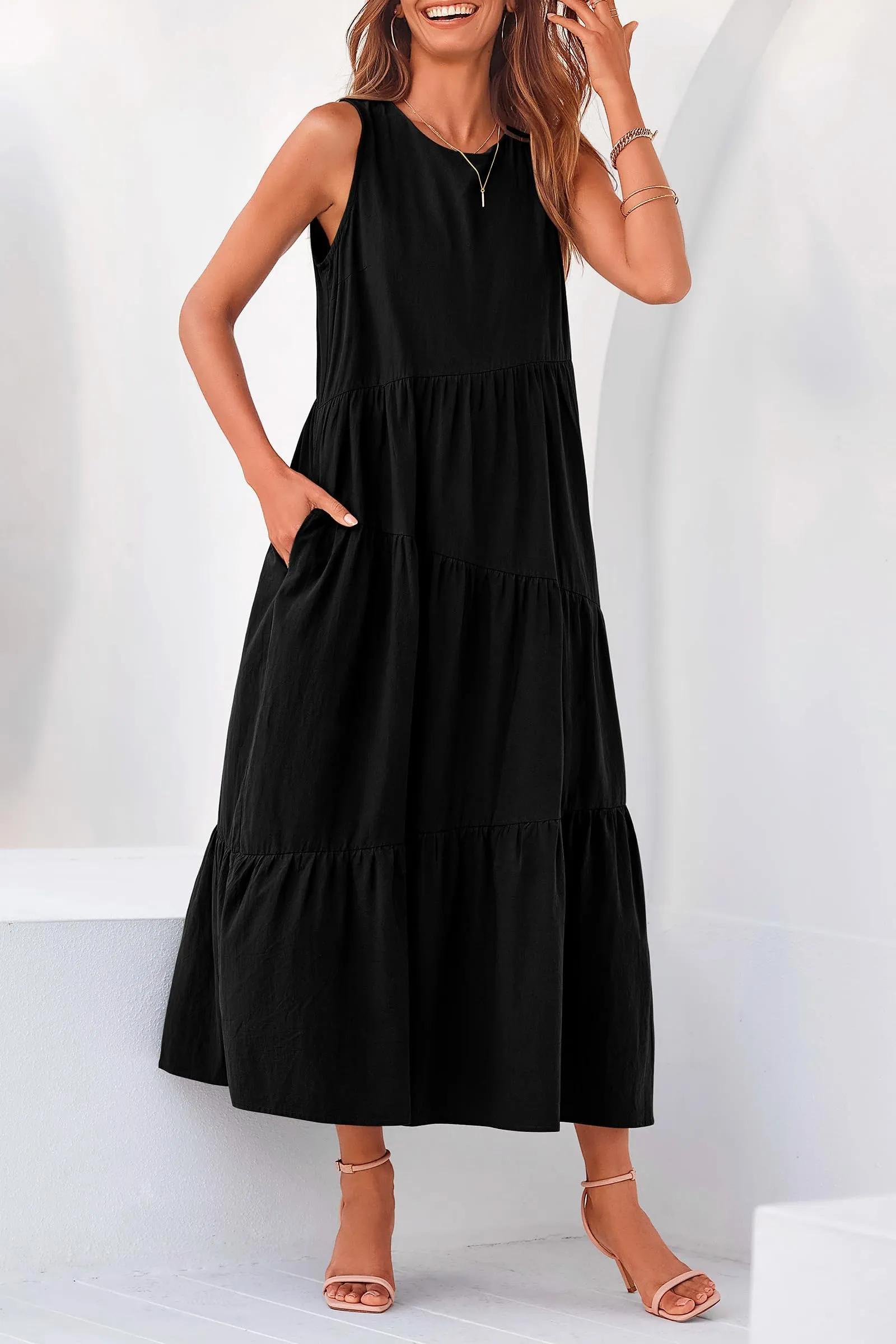 Casual Summer Sleeveless Long Flowy Tiered Midi Dress With Pockets