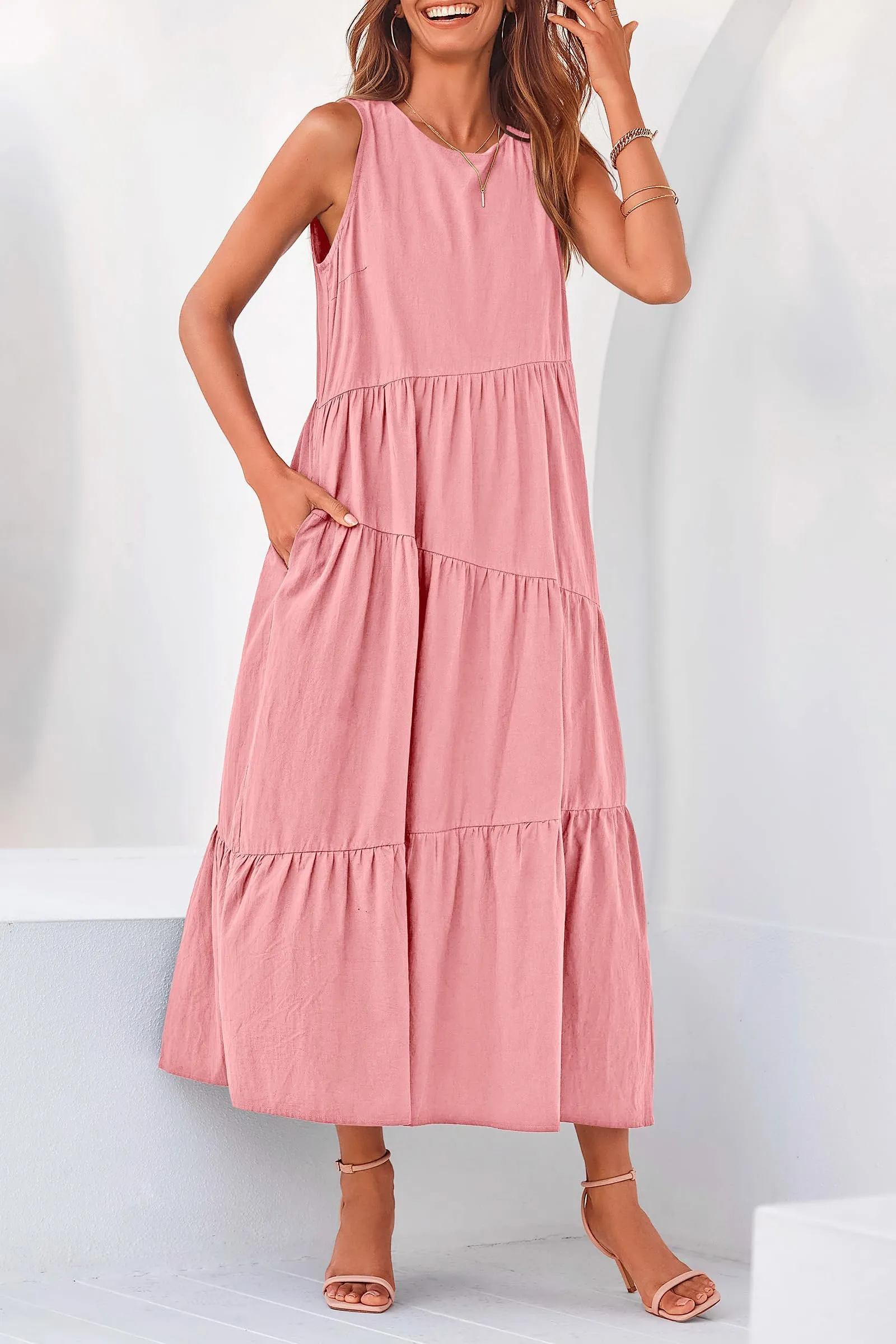 Casual Summer Sleeveless Long Flowy Tiered Midi Dress With Pockets