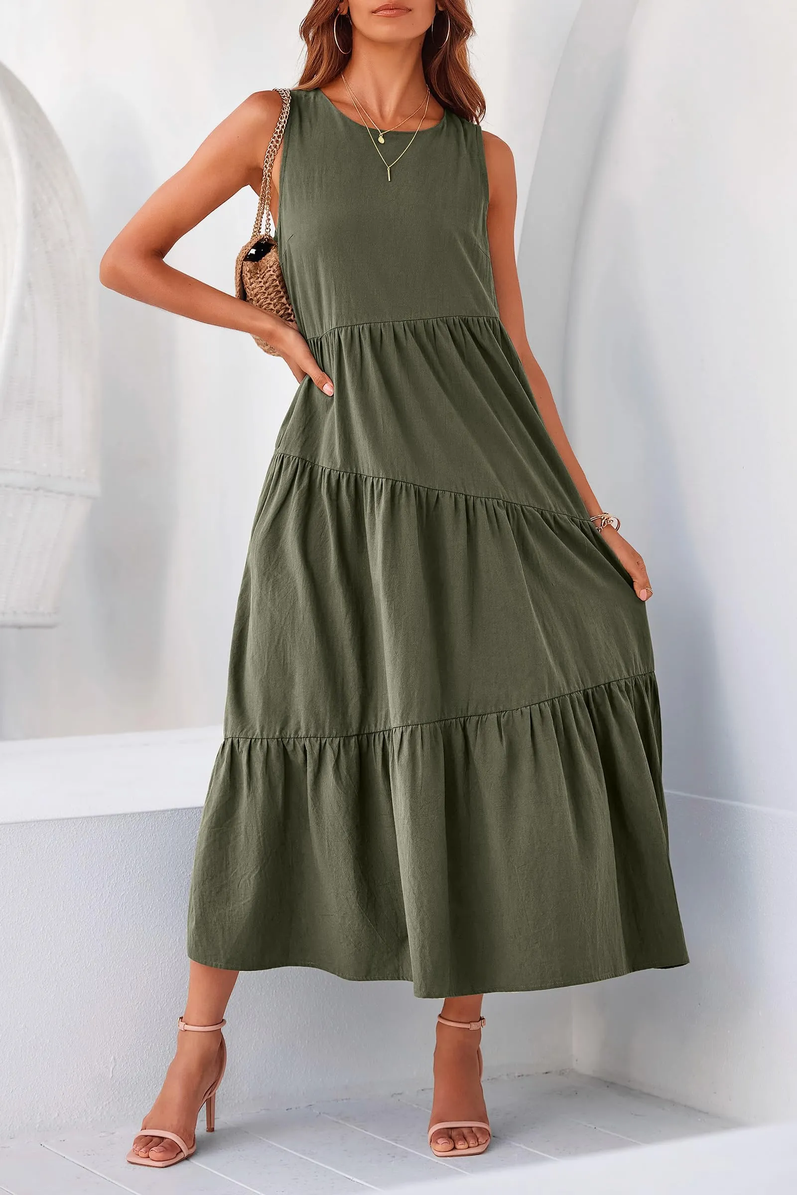 Casual Summer Sleeveless Long Flowy Tiered Midi Dress With Pockets