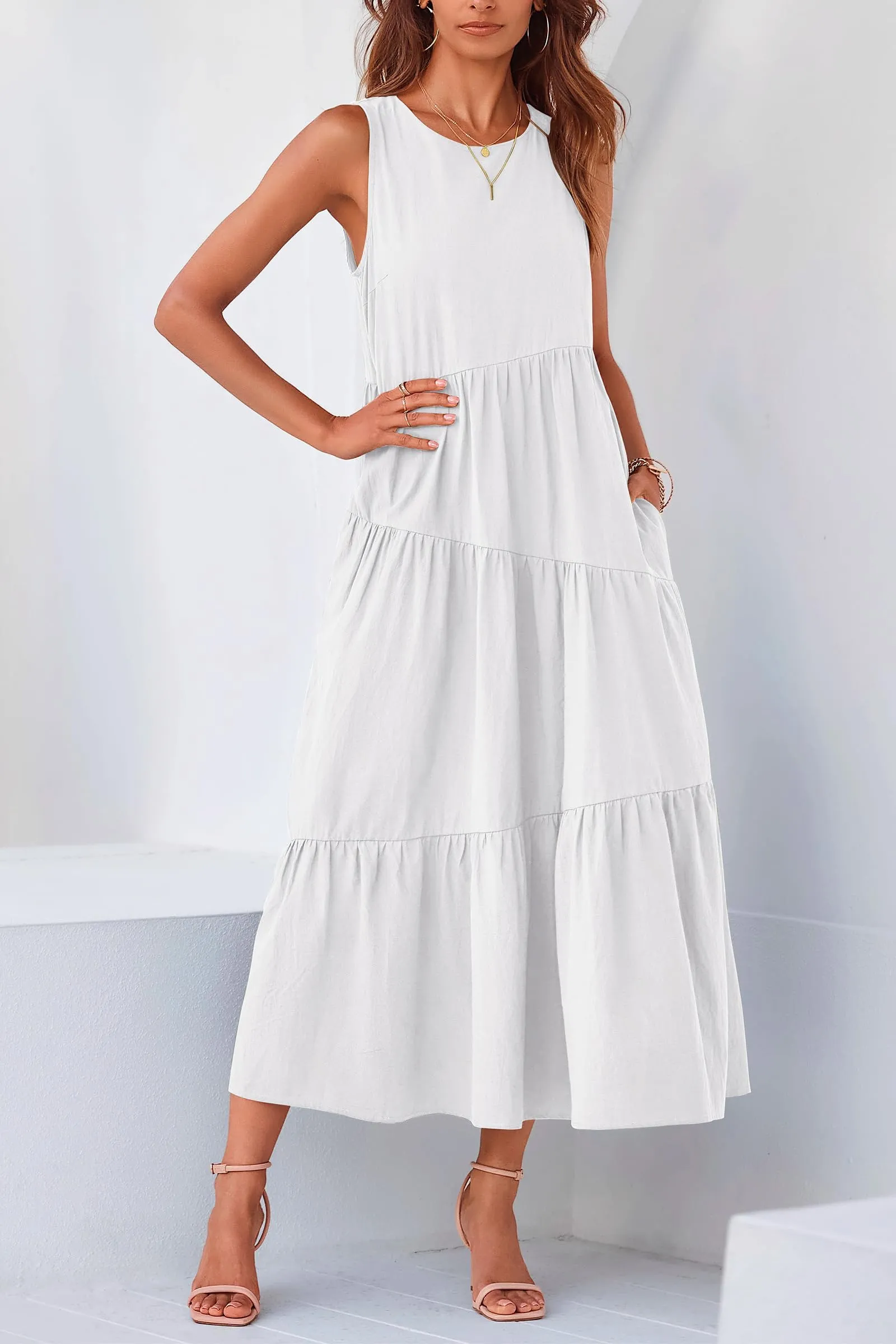 Casual Summer Sleeveless Long Flowy Tiered Midi Dress With Pockets