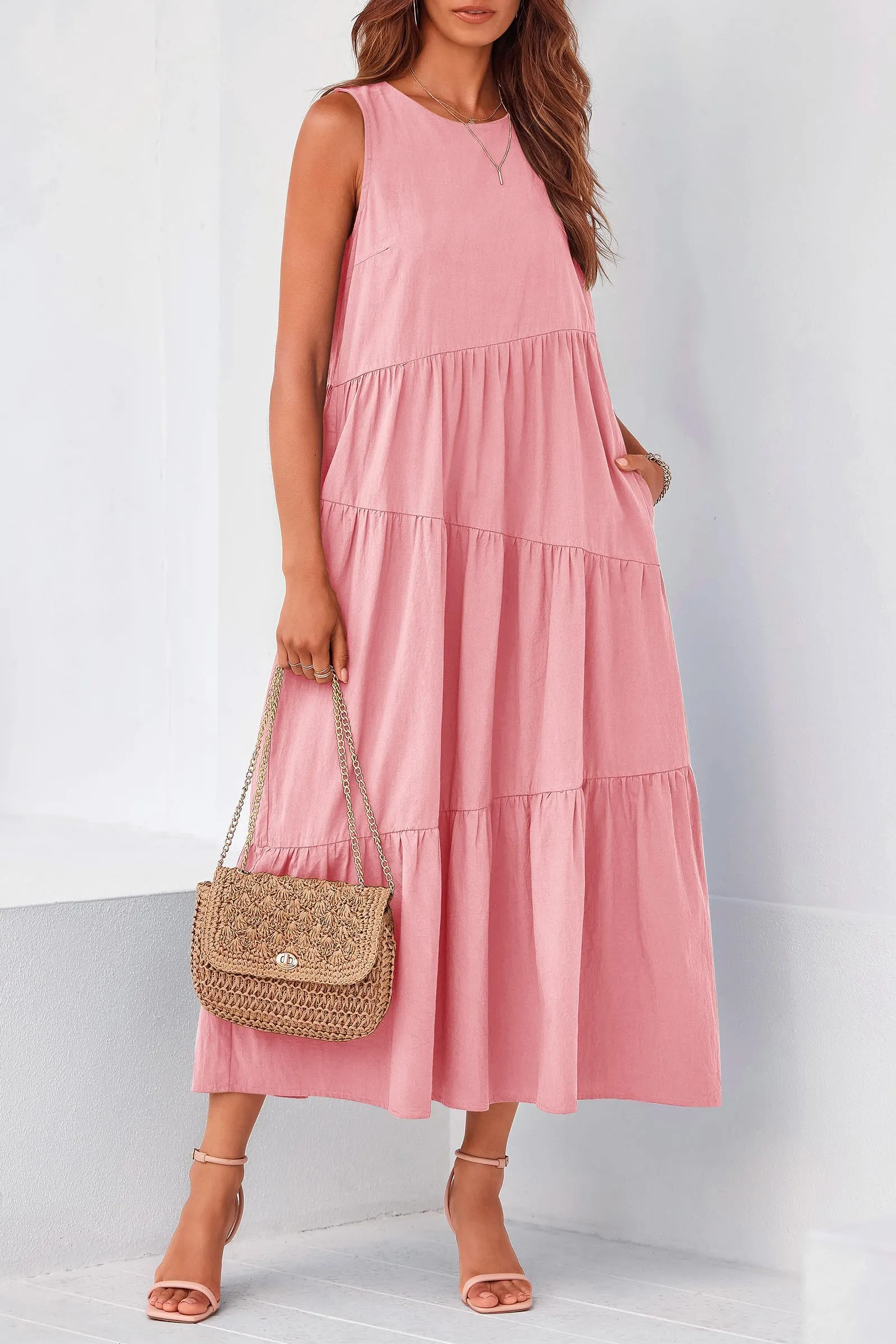 Casual Summer Sleeveless Long Flowy Tiered Midi Dress With Pockets