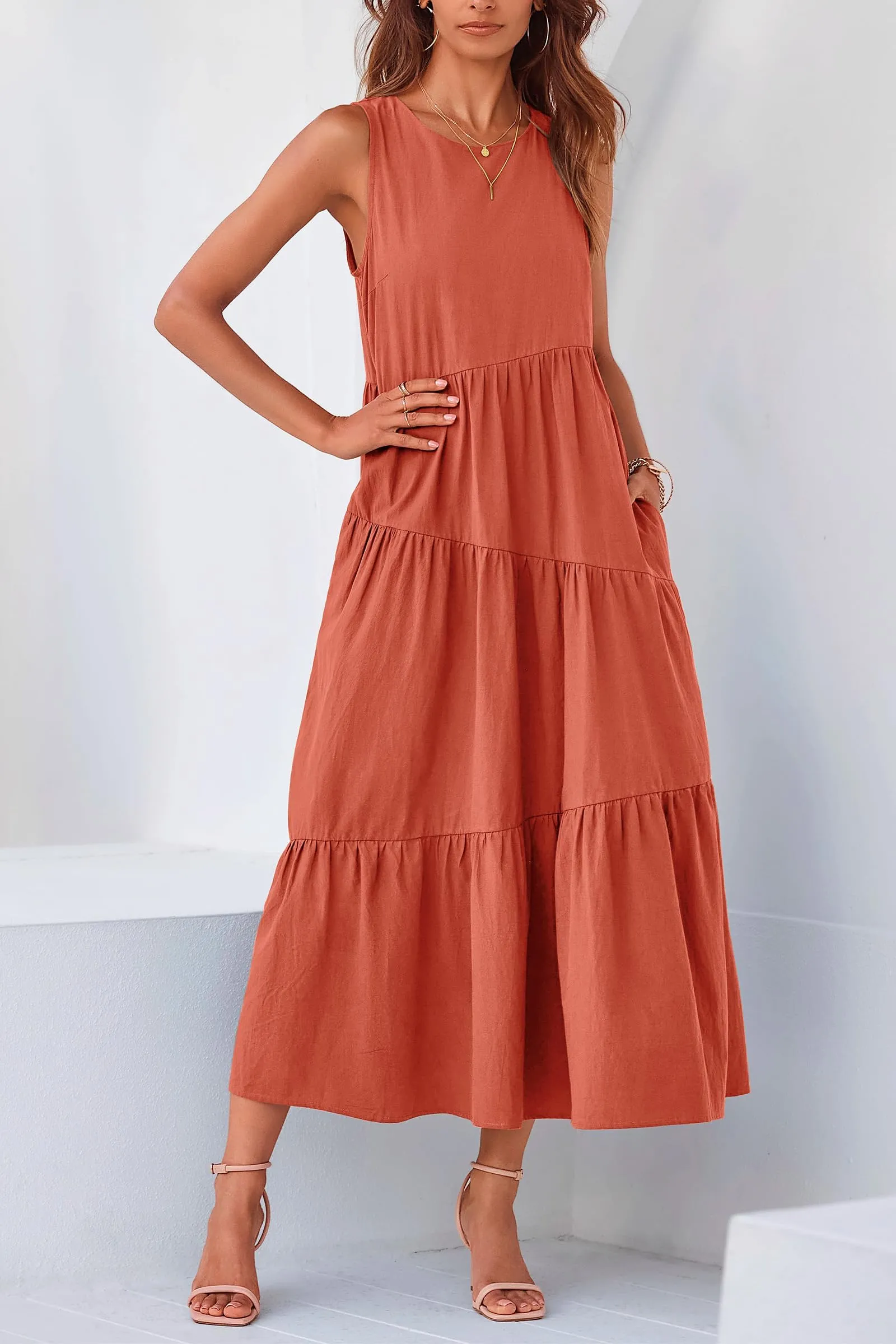 Casual Summer Sleeveless Long Flowy Tiered Midi Dress With Pockets