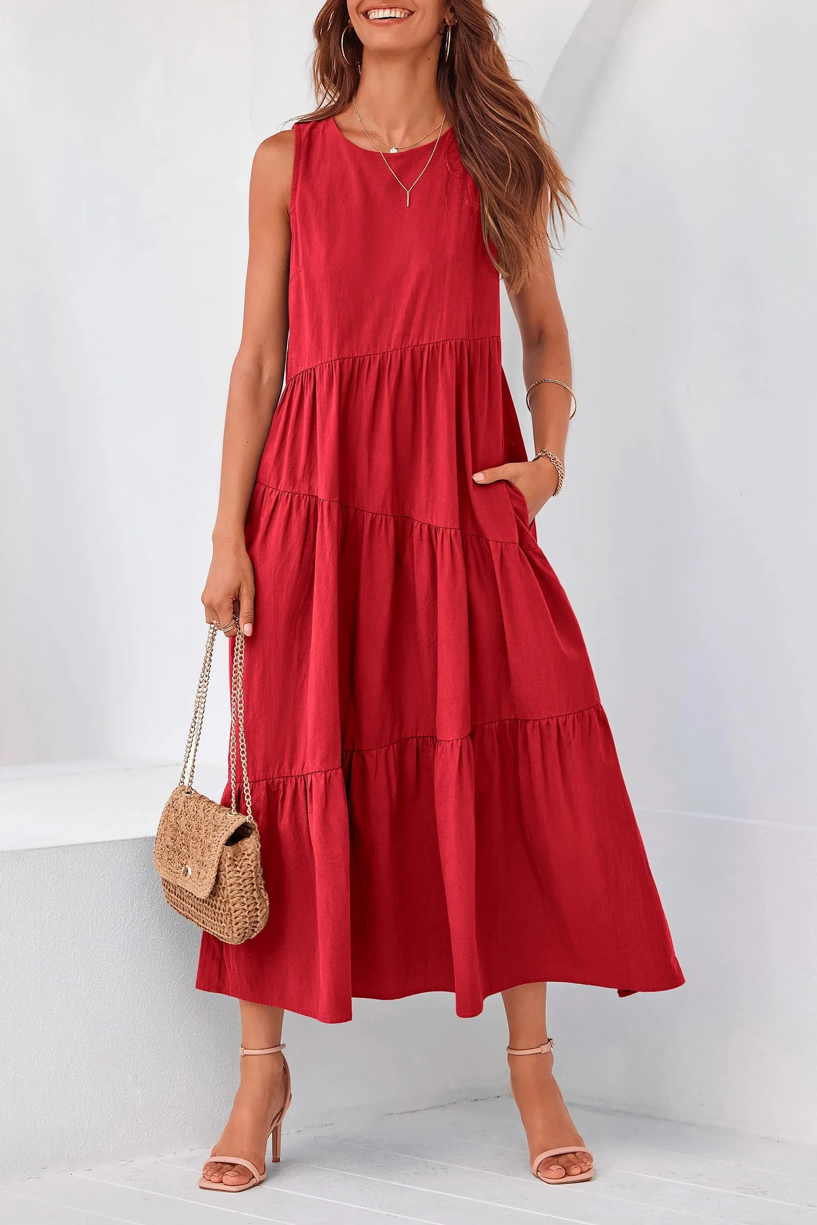 Casual Summer Sleeveless Long Flowy Tiered Midi Dress With Pockets