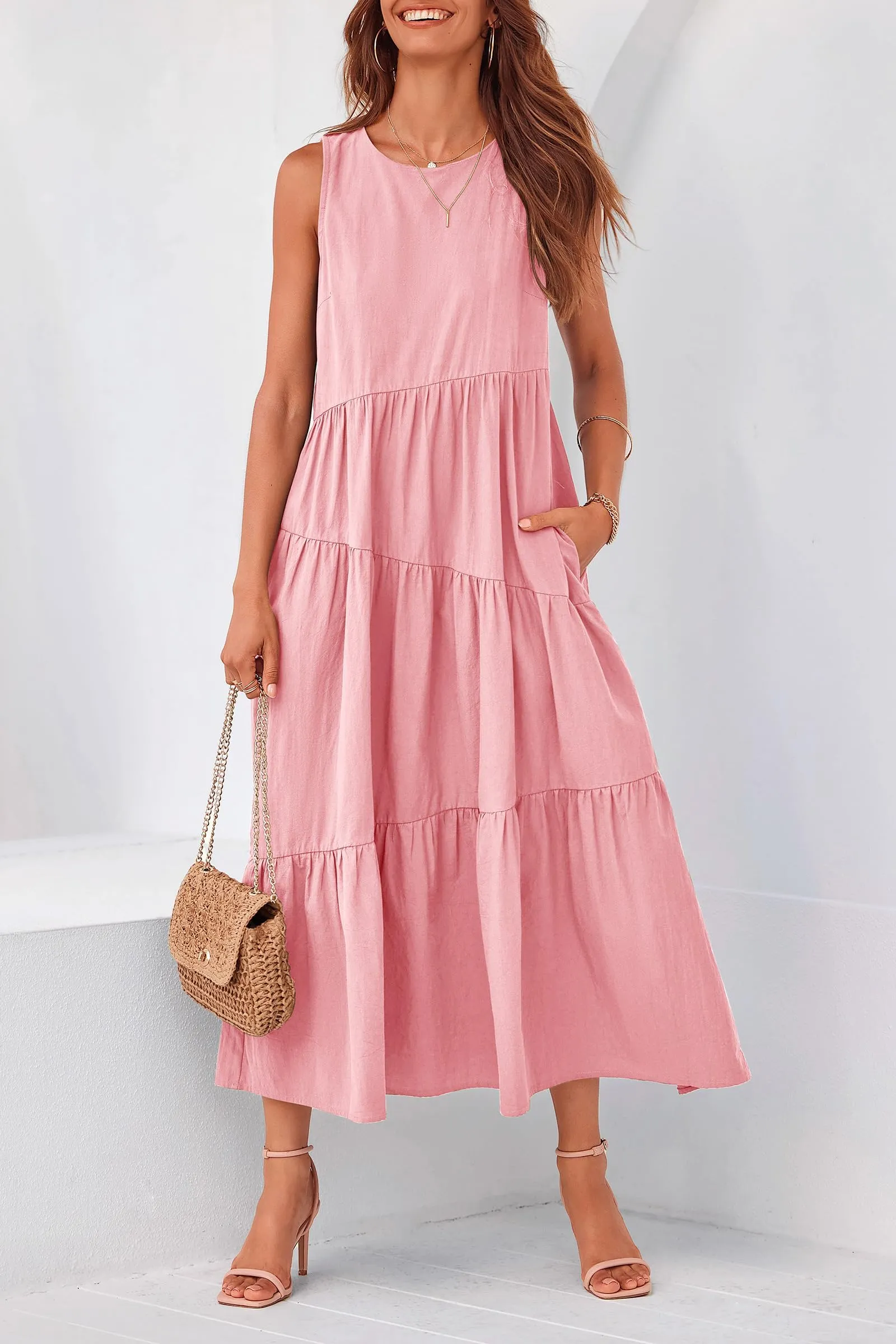 Casual Summer Sleeveless Long Flowy Tiered Midi Dress With Pockets