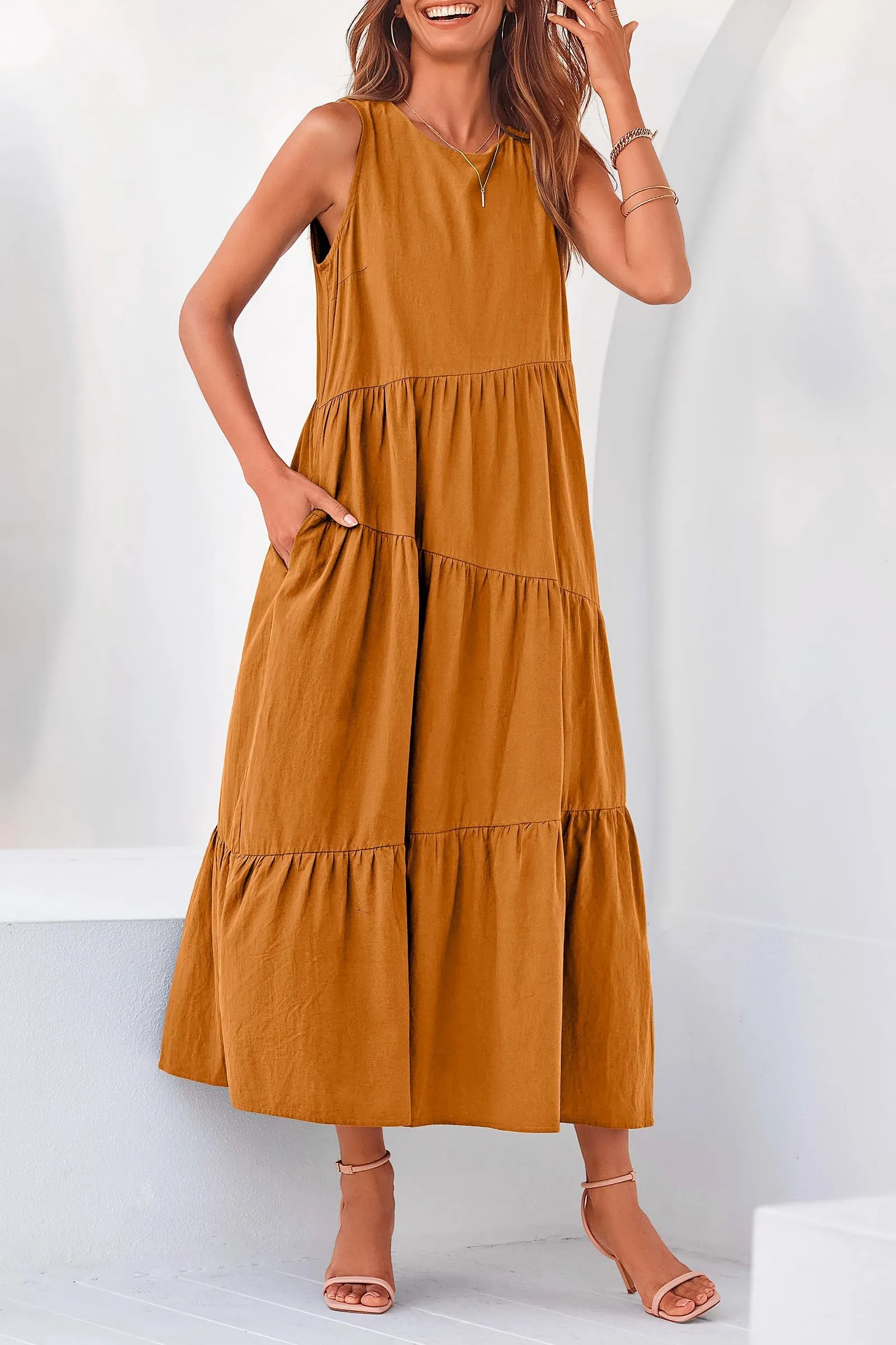 Casual Summer Sleeveless Long Flowy Tiered Midi Dress With Pockets