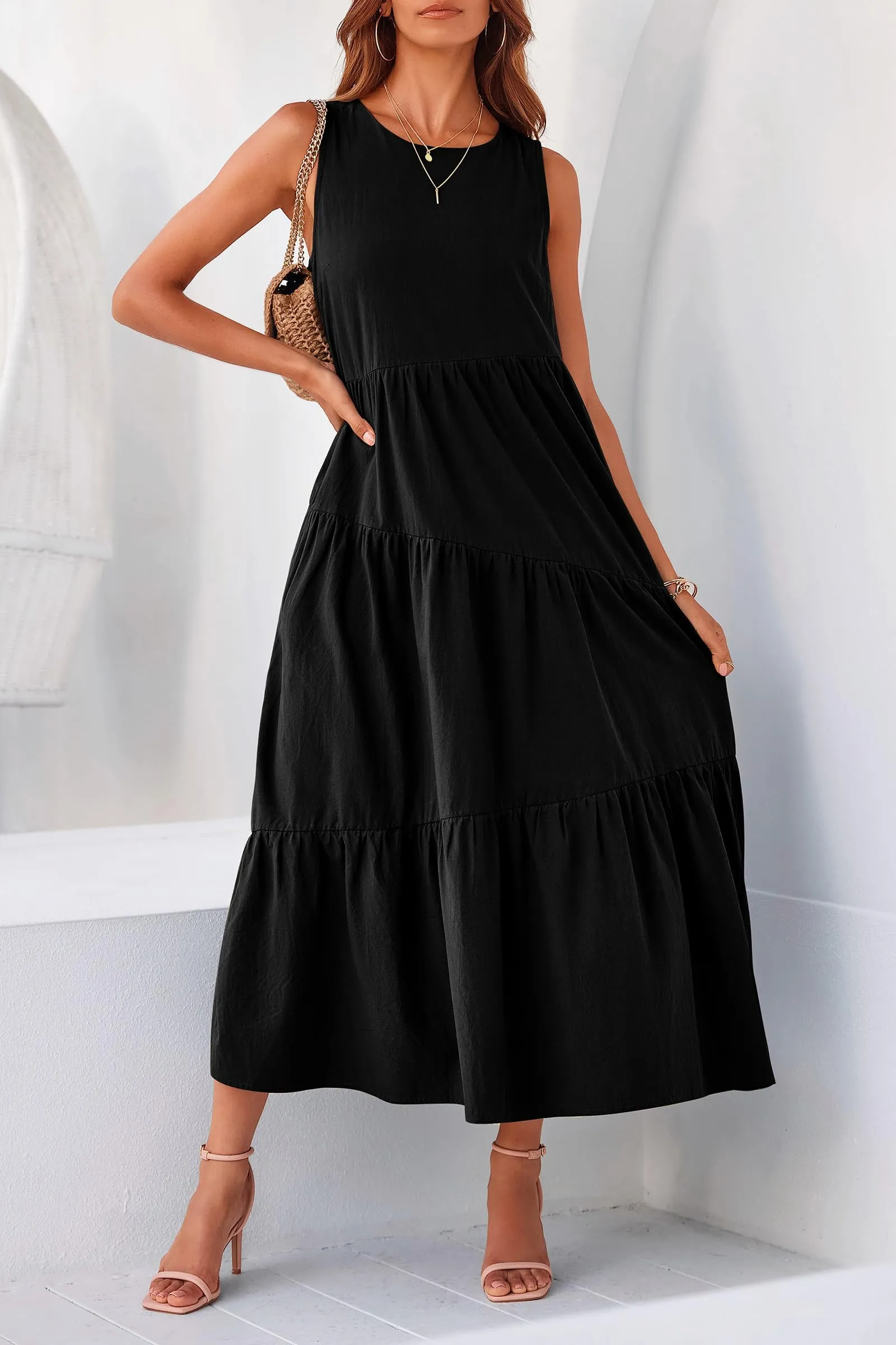 Casual Summer Sleeveless Long Flowy Tiered Midi Dress With Pockets