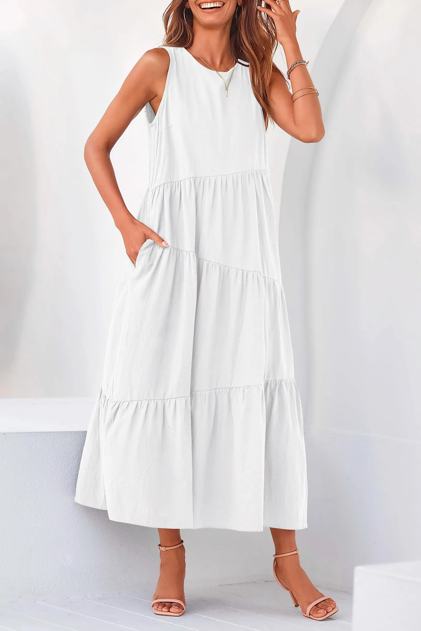 Casual Summer Sleeveless Long Flowy Tiered Midi Dress With Pockets