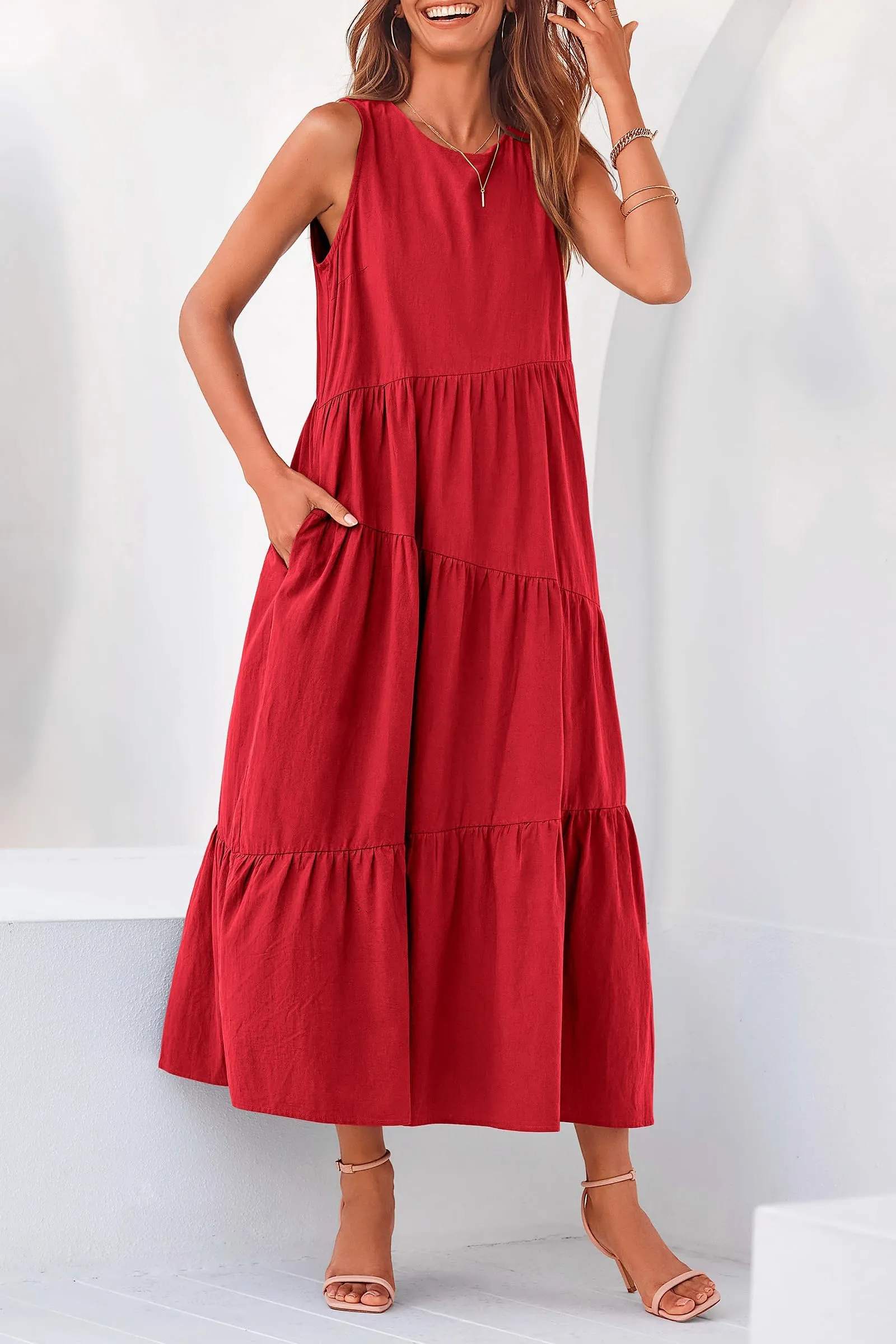 Casual Summer Sleeveless Long Flowy Tiered Midi Dress With Pockets