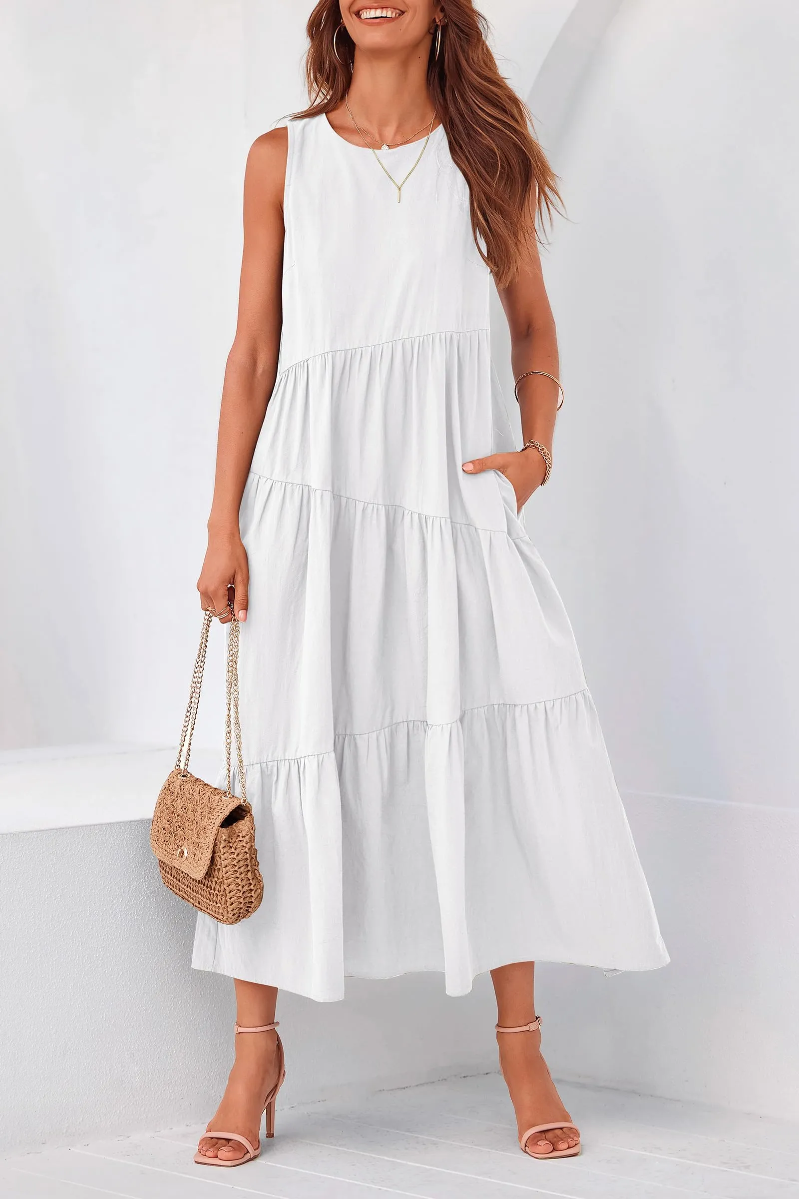 Casual Summer Sleeveless Long Flowy Tiered Midi Dress With Pockets