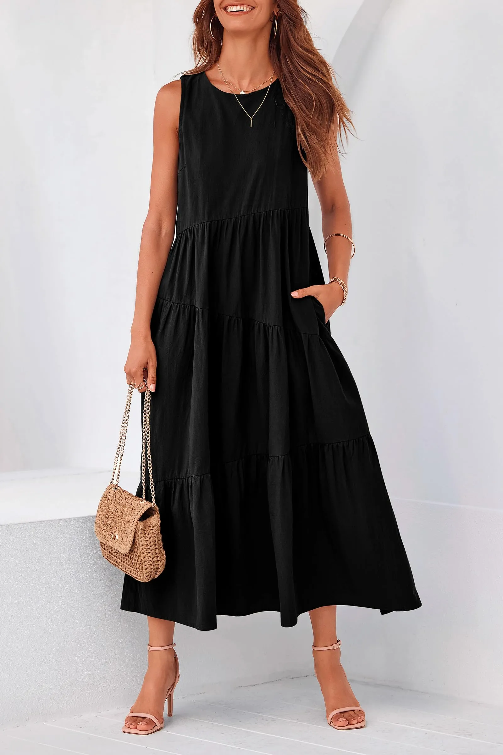 Casual Summer Sleeveless Long Flowy Tiered Midi Dress With Pockets