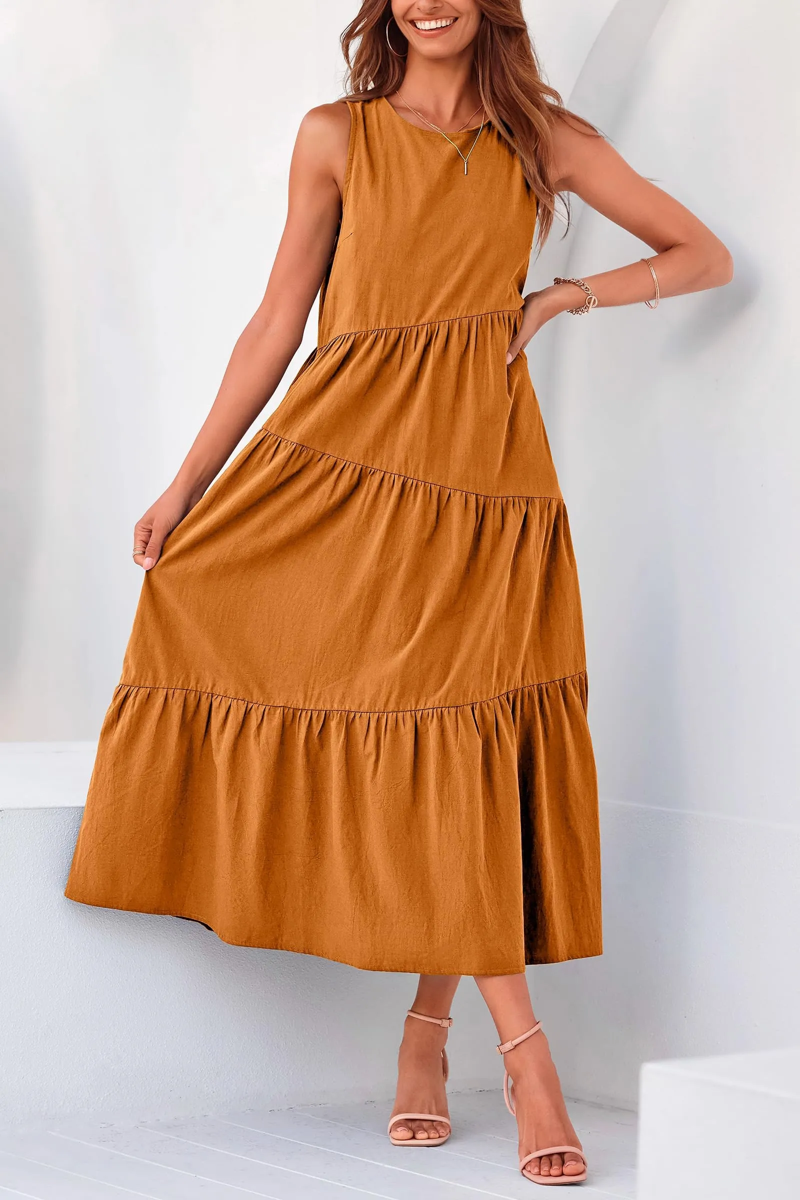 Casual Summer Sleeveless Long Flowy Tiered Midi Dress With Pockets