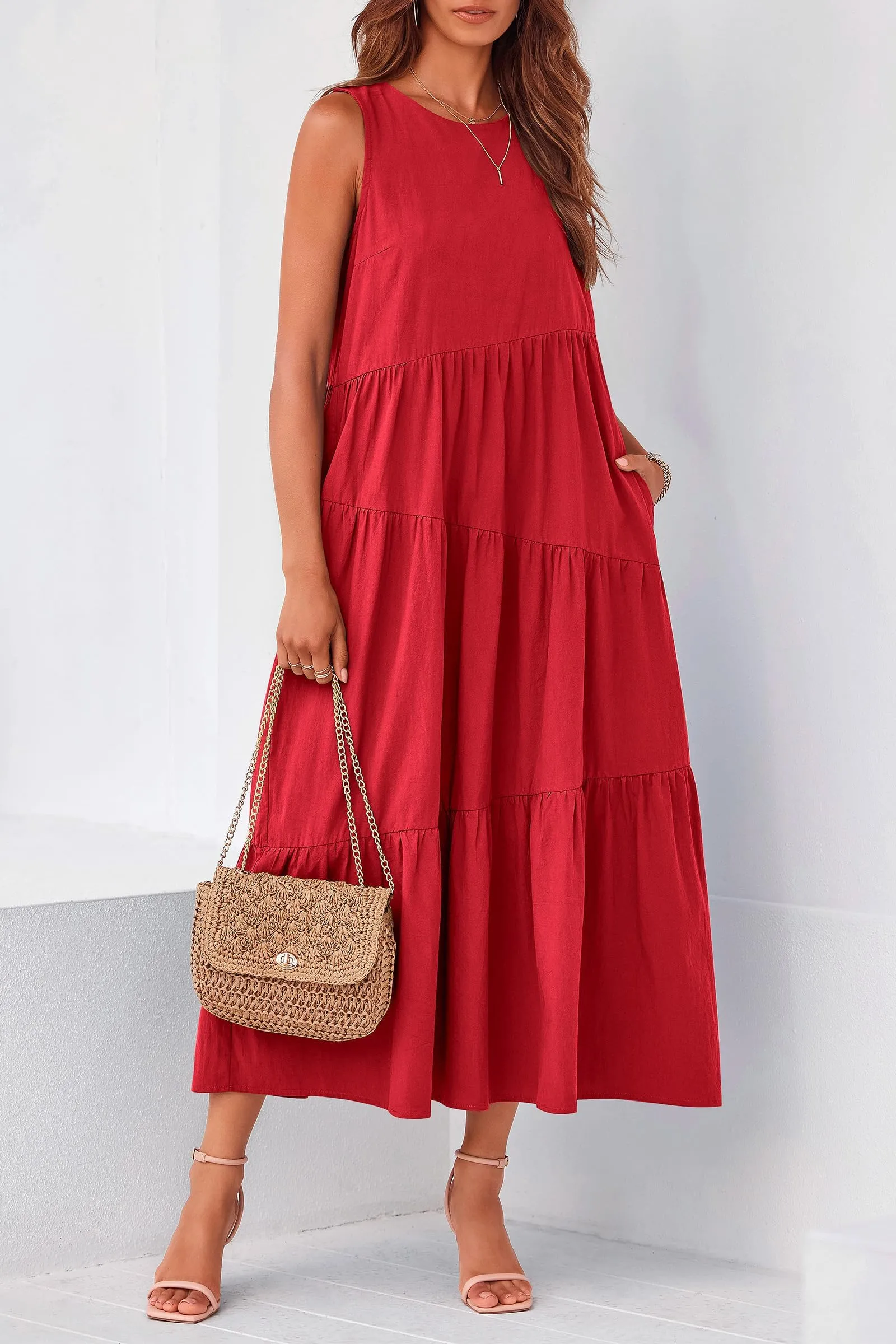 Casual Summer Sleeveless Long Flowy Tiered Midi Dress With Pockets