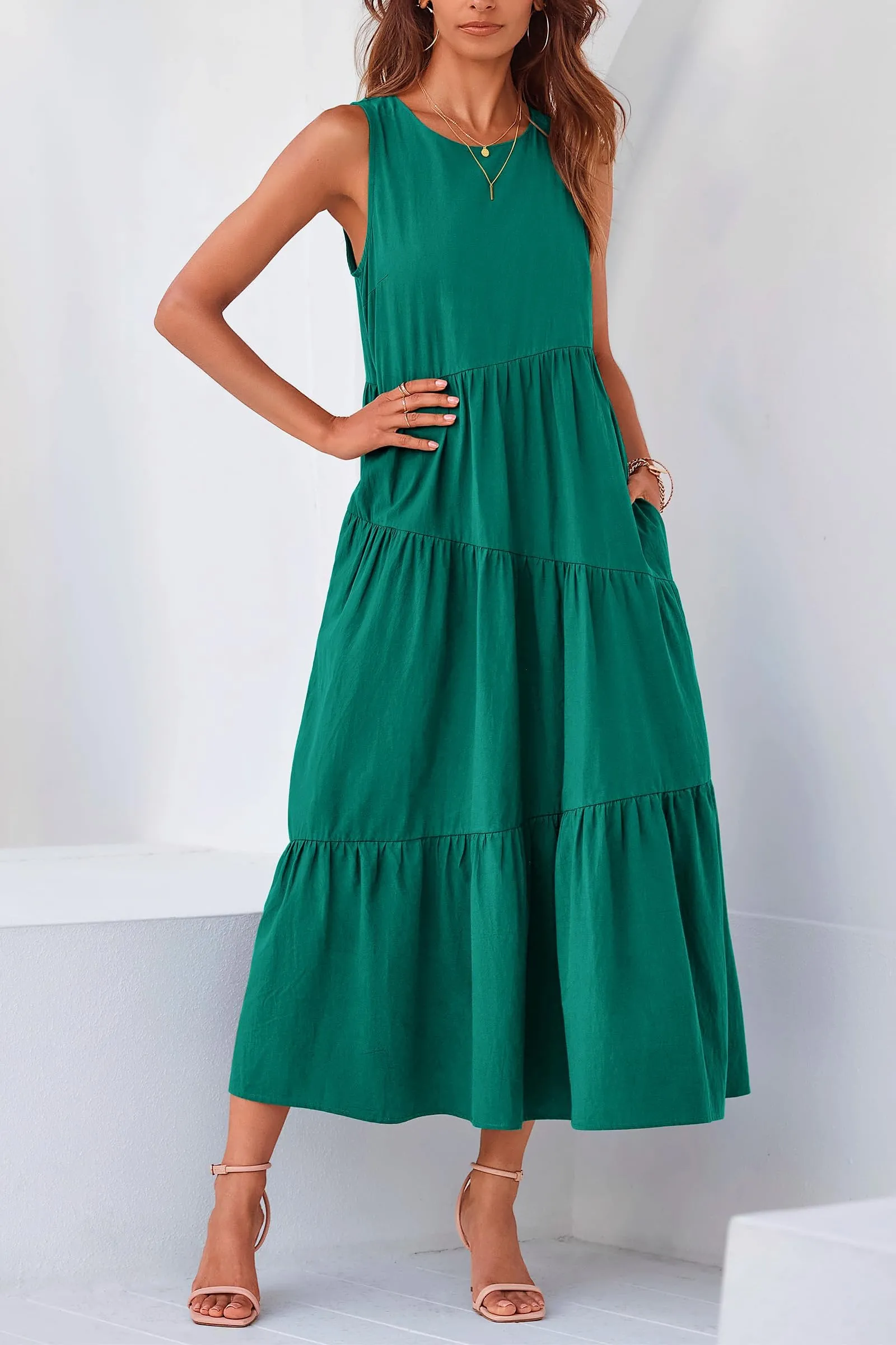 Casual Summer Sleeveless Long Flowy Tiered Midi Dress With Pockets