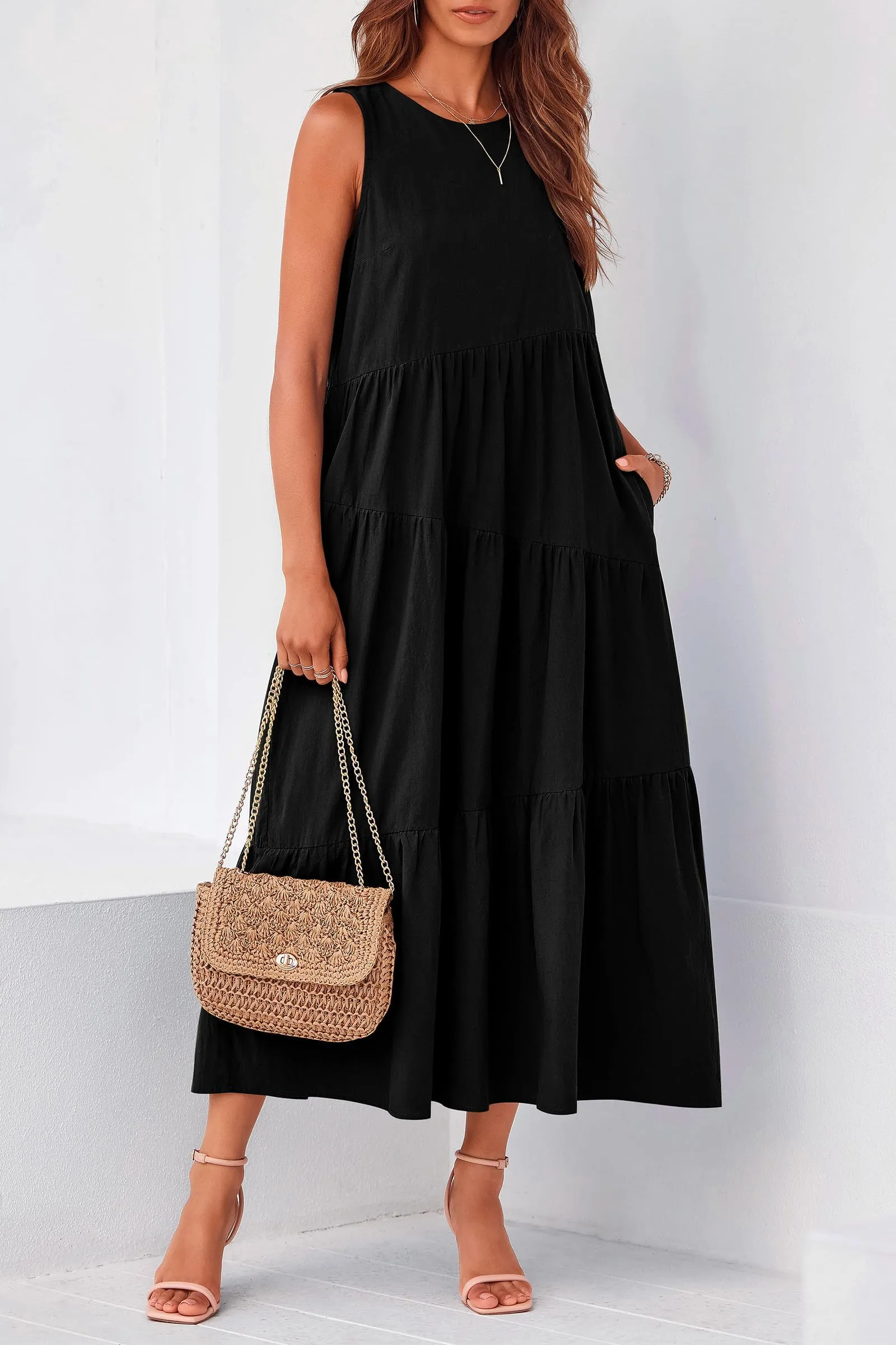 Casual Summer Sleeveless Long Flowy Tiered Midi Dress With Pockets