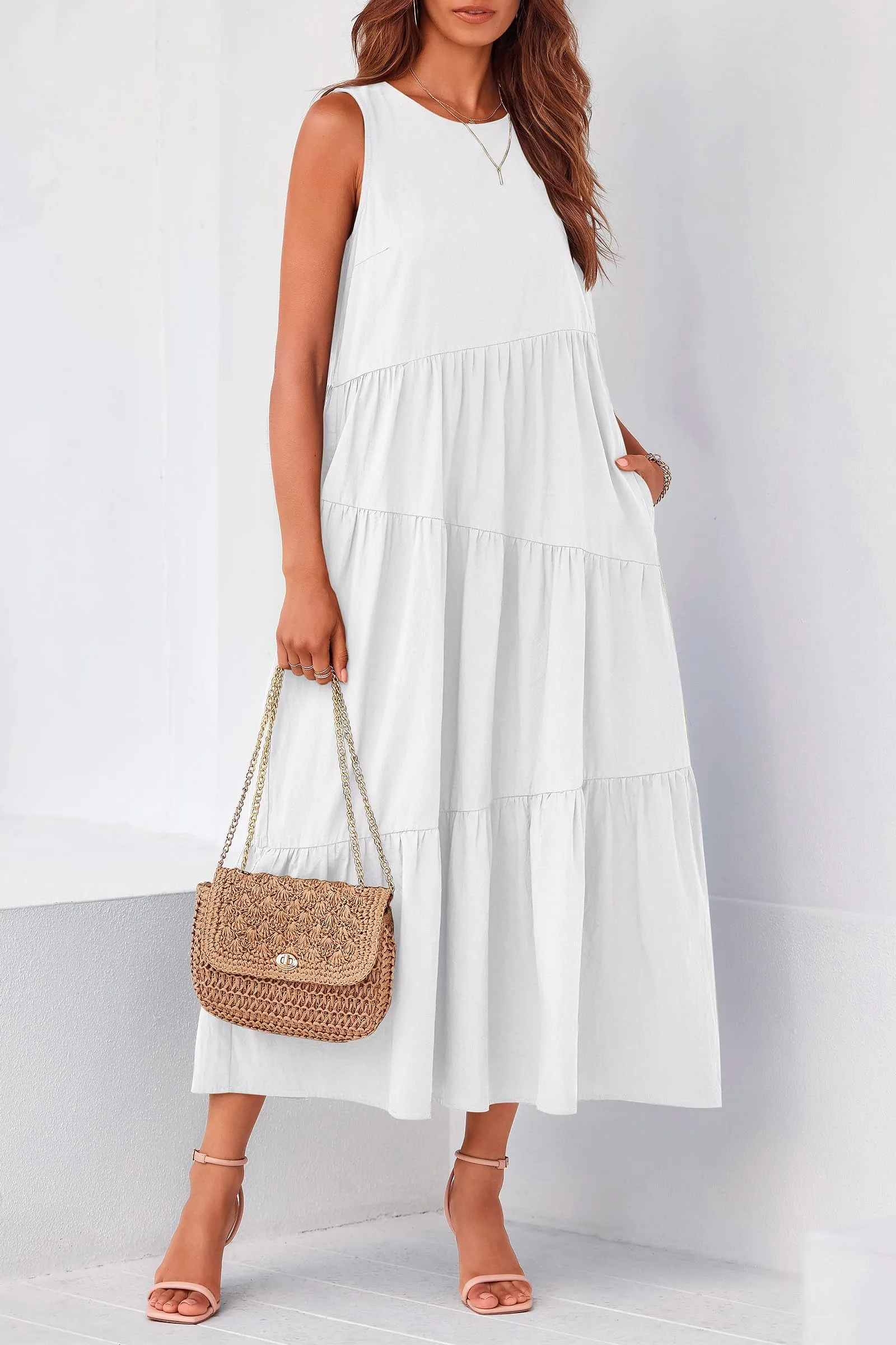 Casual Summer Sleeveless Long Flowy Tiered Midi Dress With Pockets